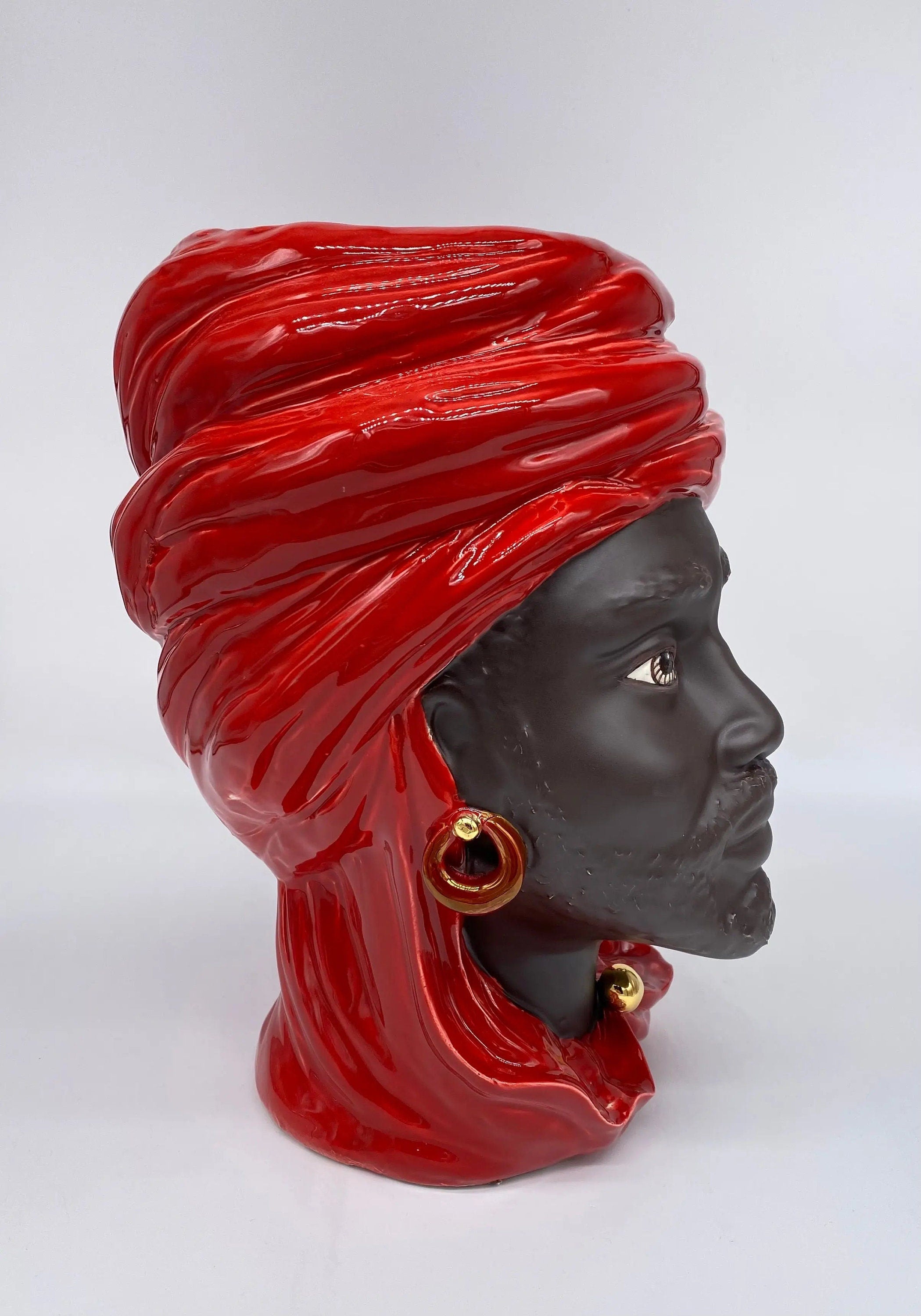 Teste di Moro Anubi Ceramica Caltagirone cm H.29 L.20 Artigianale Rosso Marrone Oro DD CERAMICHE SICILIANE