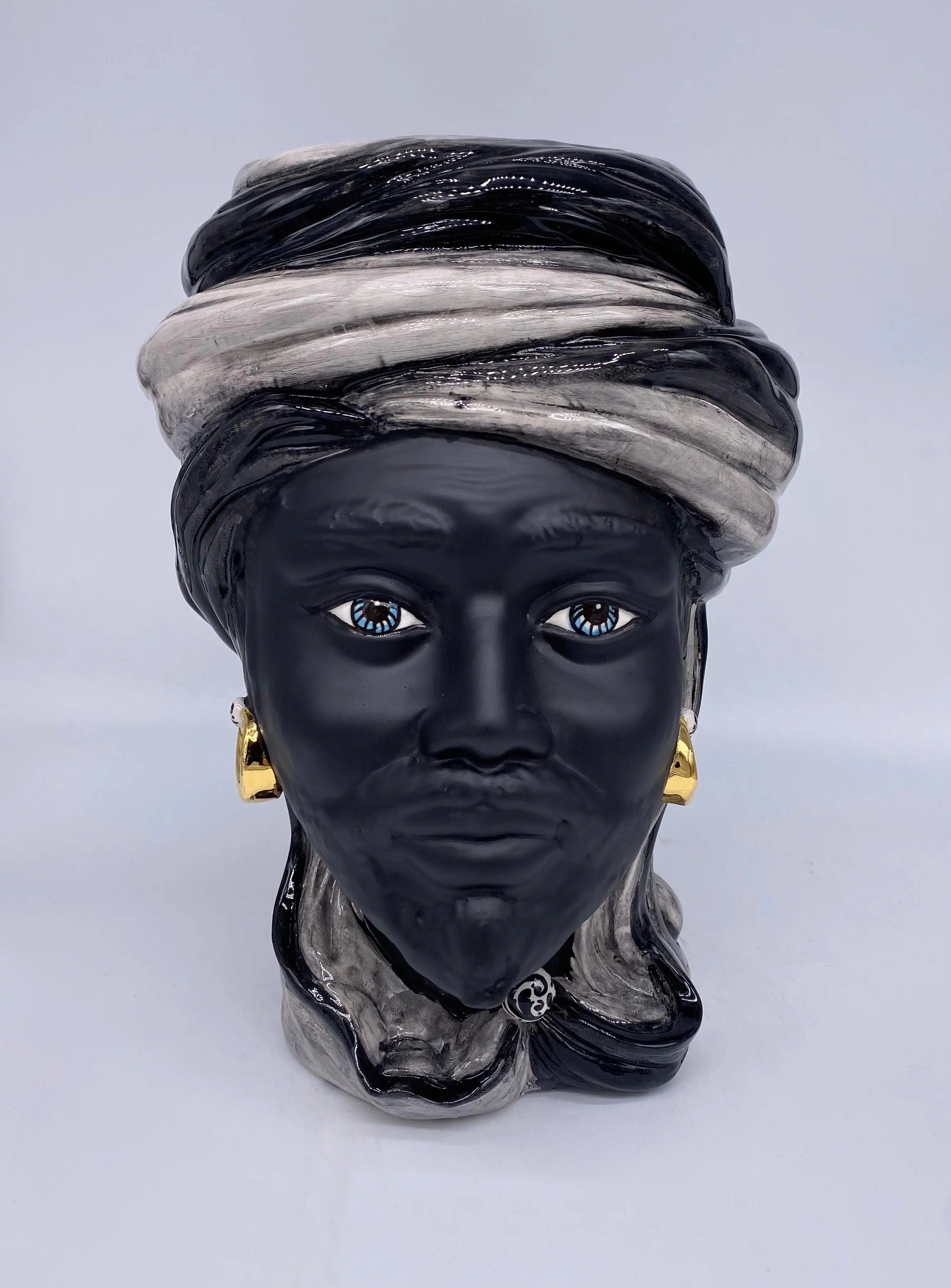 Teste di Moro Anubi Ceramica Caltagirone cm H.29 L.20 Artigianale Grigio Nero Oro DD CERAMICHE SICILIANE