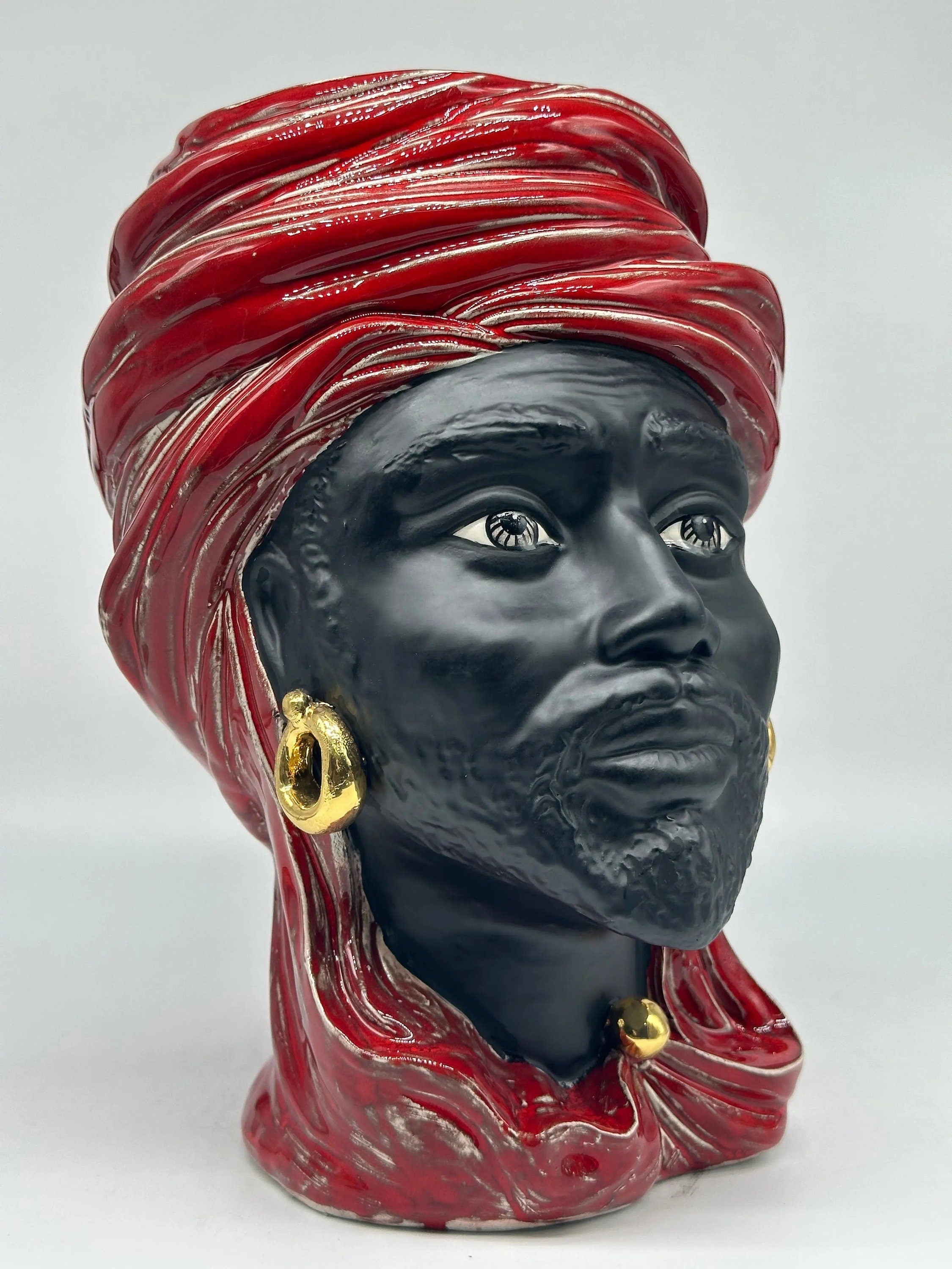 Teste di Moro Anubi Ceramica Caltagirone cm H.29 L.20 Artigianale Rosso Magma Oro DD CERAMICHE SICILIANE