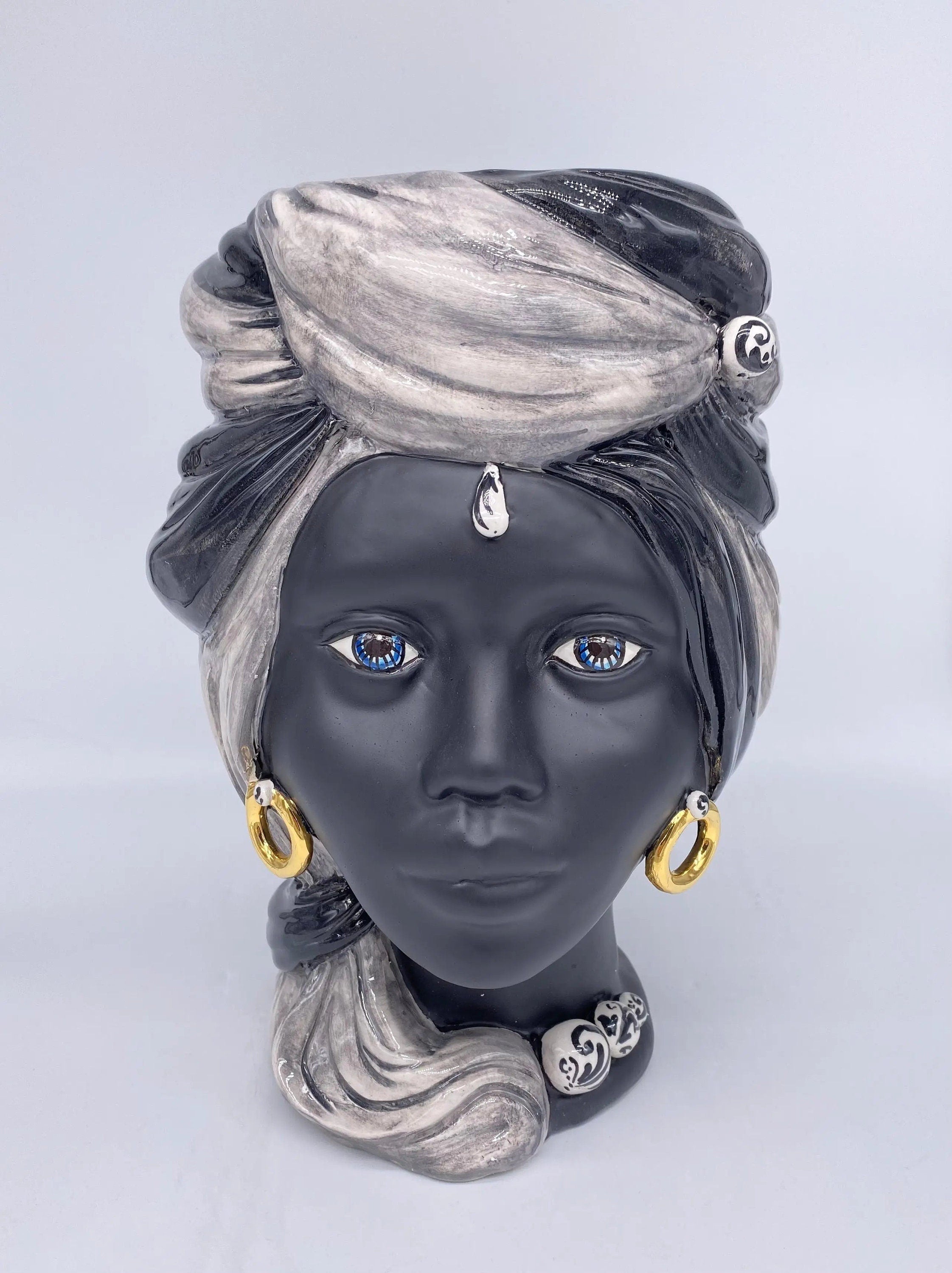 Teste di Moro Anubi Ceramica Caltagirone cm H.29 L.20 Artigianale Grigio Nero Oro DD CERAMICHE SICILIANE