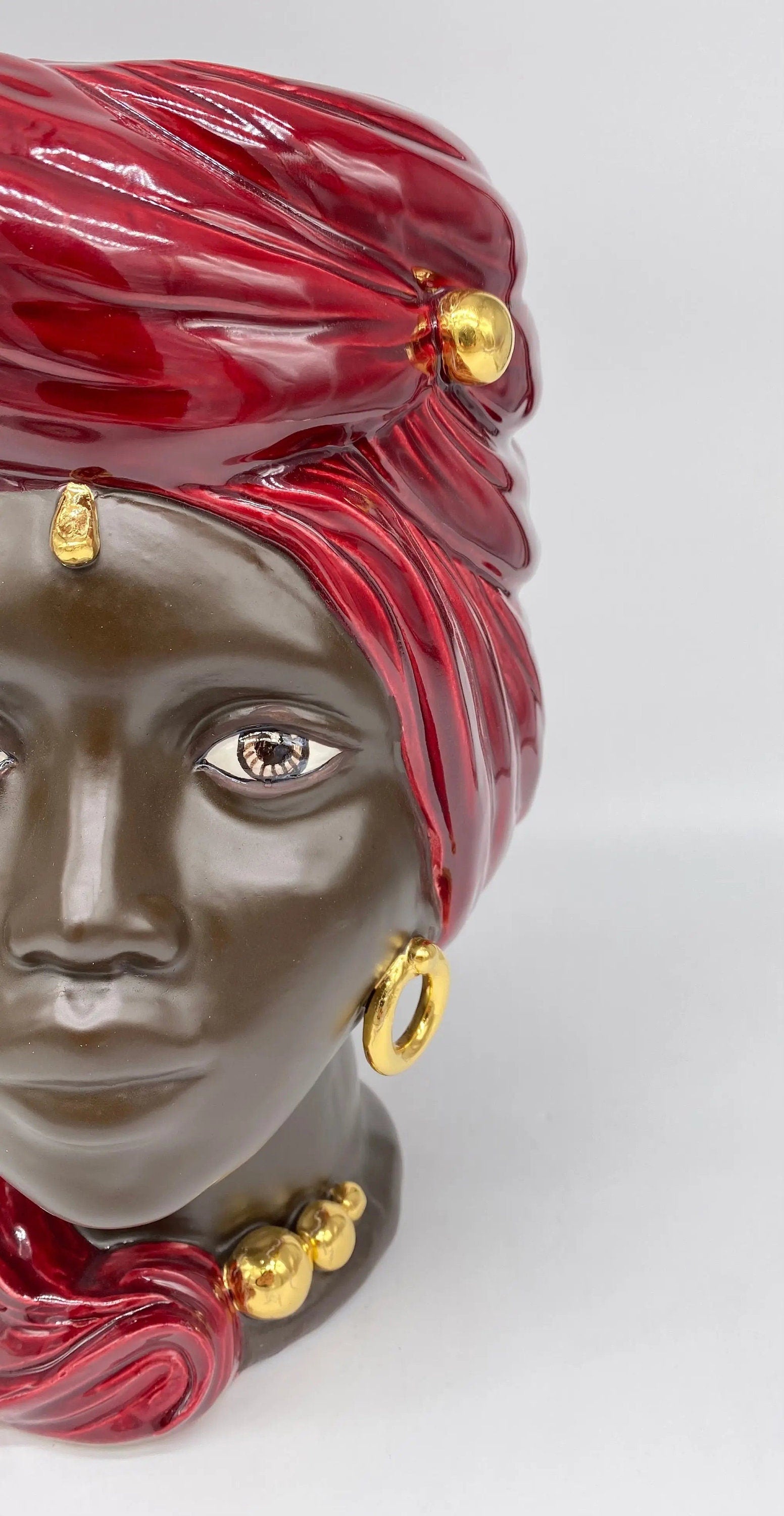 Teste di Moro Anubi Ceramica Caltagirone cm H.29 L.20 Artigianale Bordeaux Marrone Oro DD CERAMICHE SICILIANE