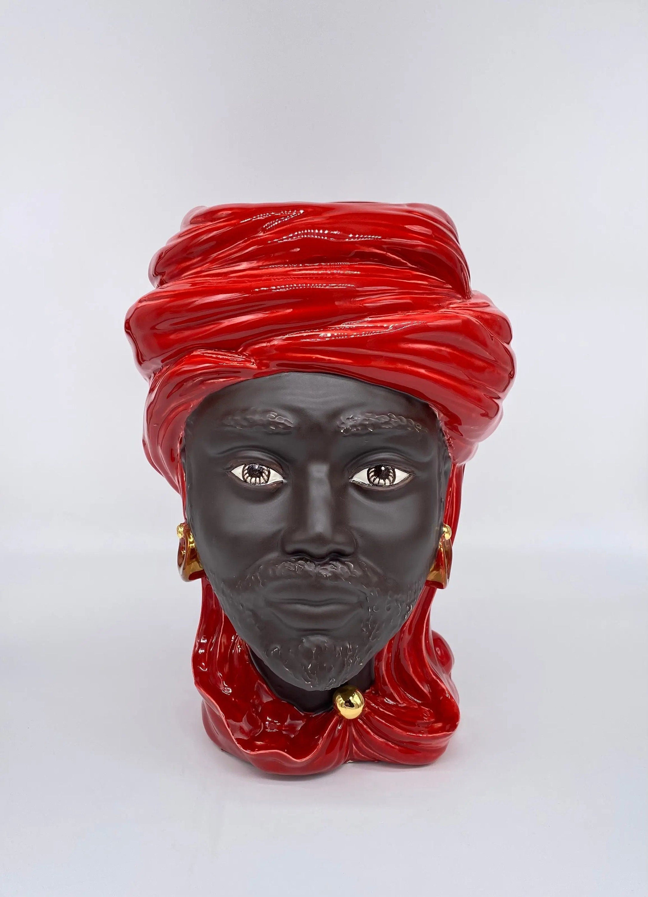 Teste di Moro Anubi Ceramica Caltagirone cm H.29 L.20 Artigianale Rosso Marrone Oro DD CERAMICHE SICILIANE