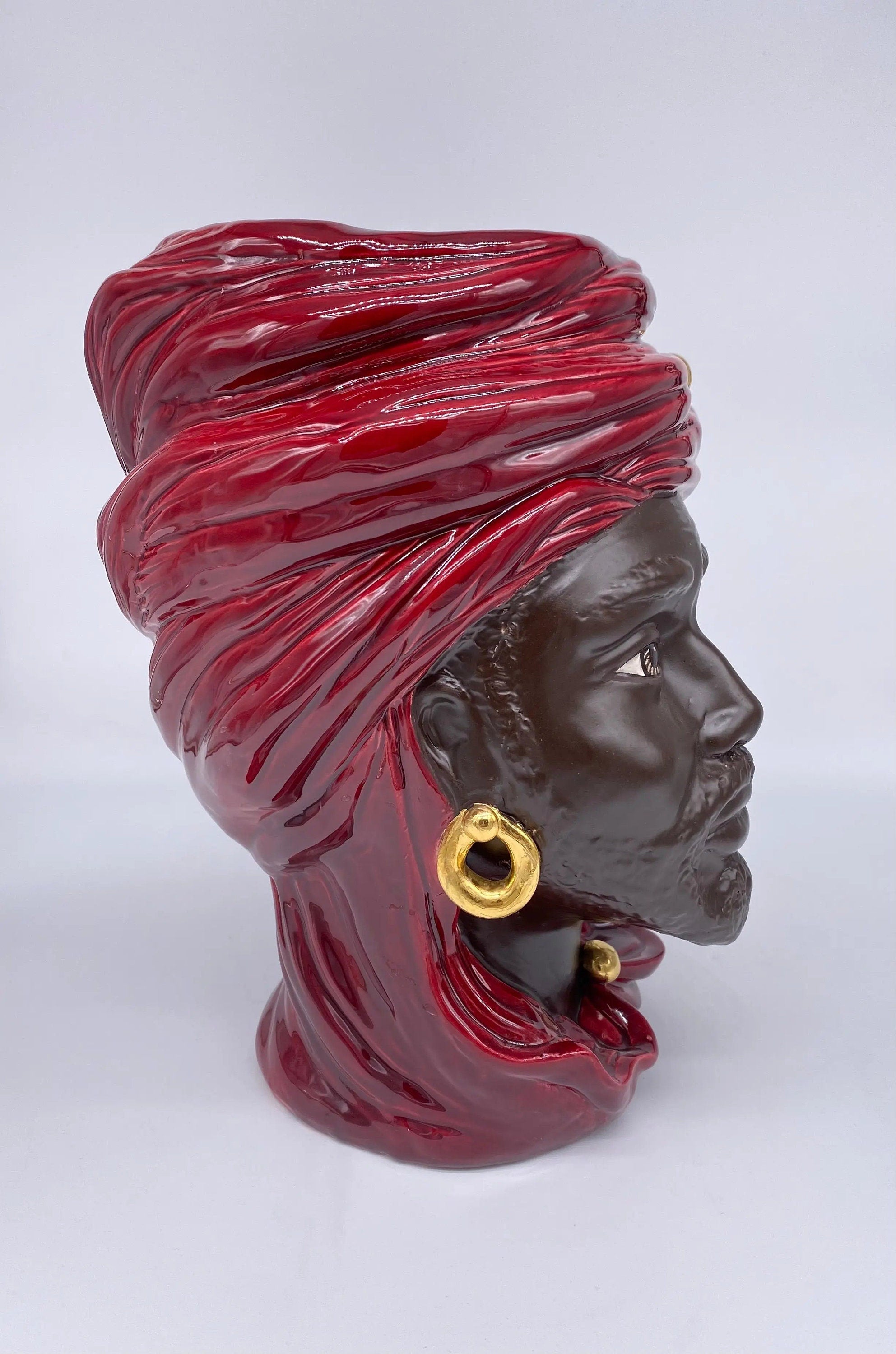 Teste di Moro Anubi Ceramica Caltagirone cm H.29 L.20 Artigianale Bordeaux Marrone Oro DD CERAMICHE SICILIANE