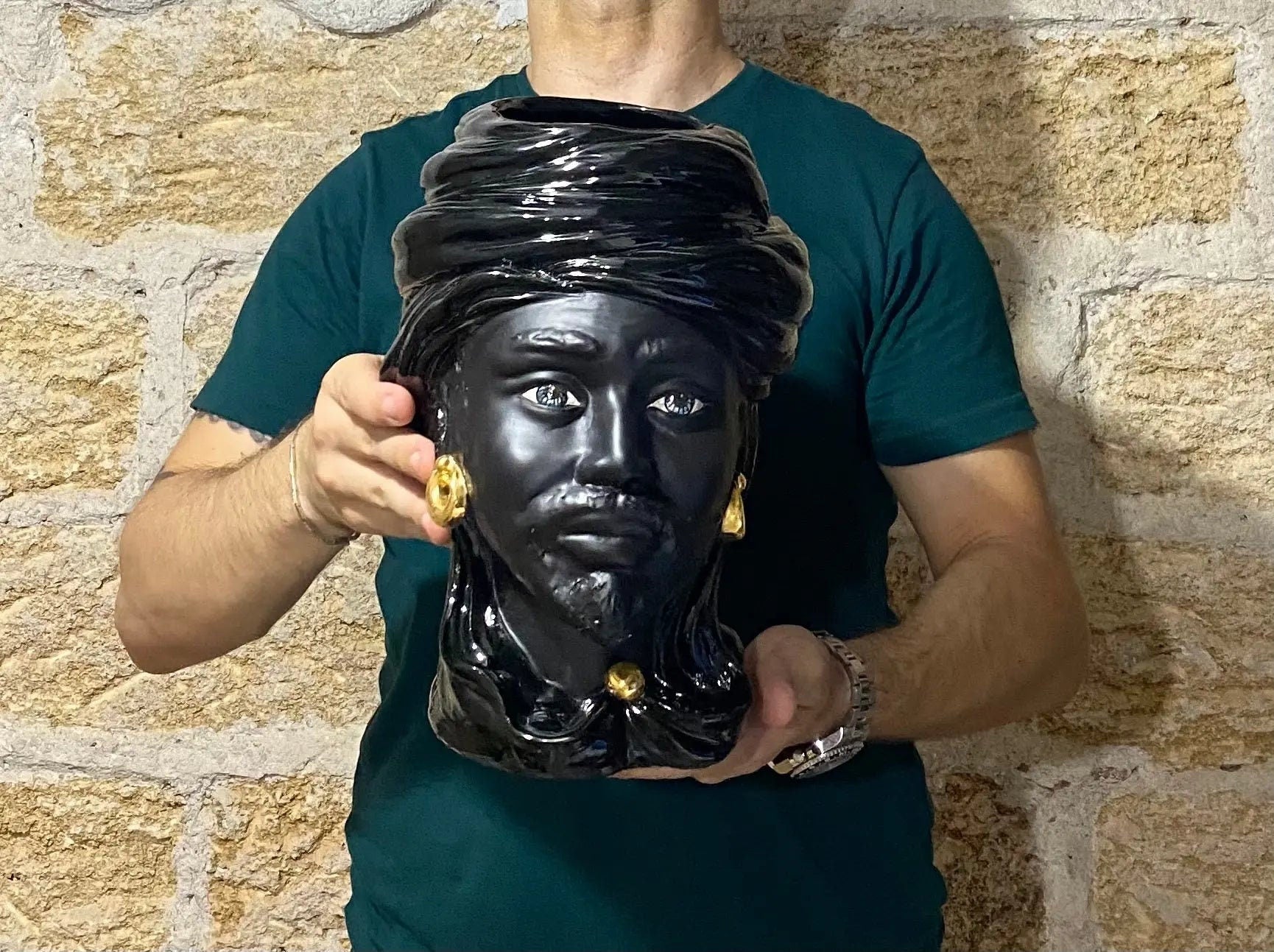 Teste di Moro Anubi Ceramica Caltagirone cm H.29 L.20 Artigianale Nero Oro DD CERAMICHE SICILIANE