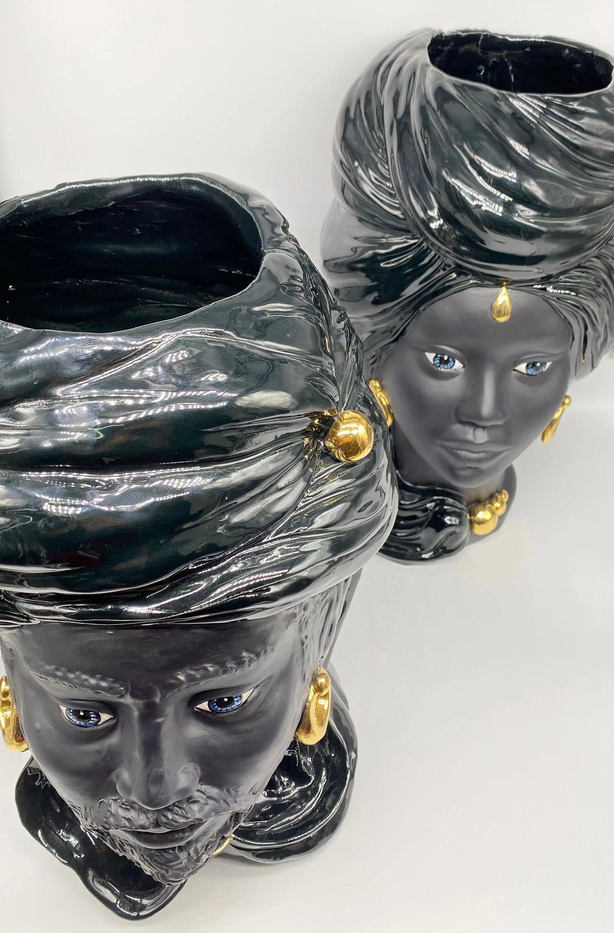 Teste di Moro Anubi Ceramica Caltagirone cm H.40 L.25 Artigianale Nero Oro DD CERAMICHE SICILIANE