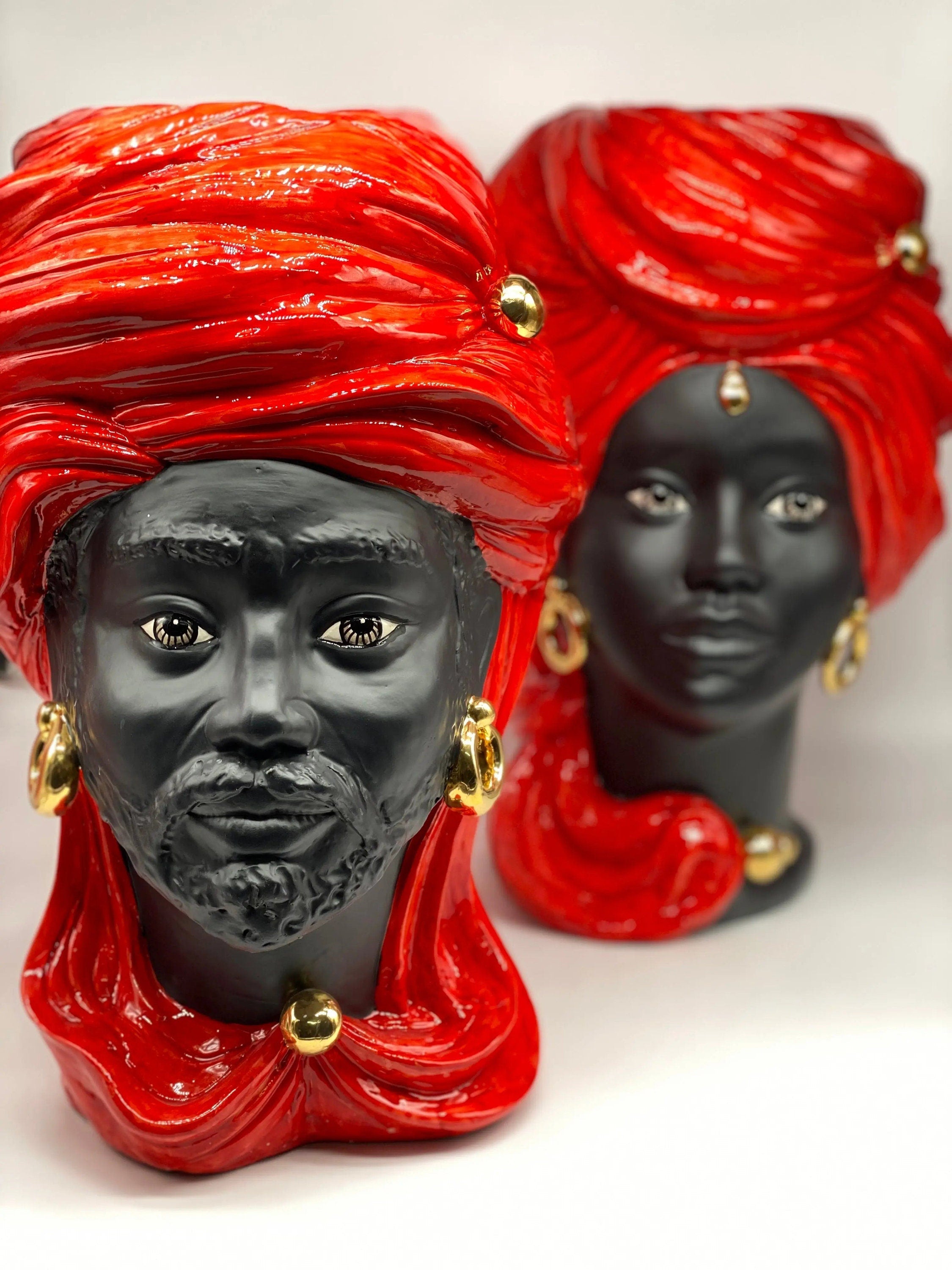 Teste di Moro Anubi Ceramica Caltagirone cm H.40 L.25 Artigianale Rosso Nero Oro DD CERAMICHE SICILIANE