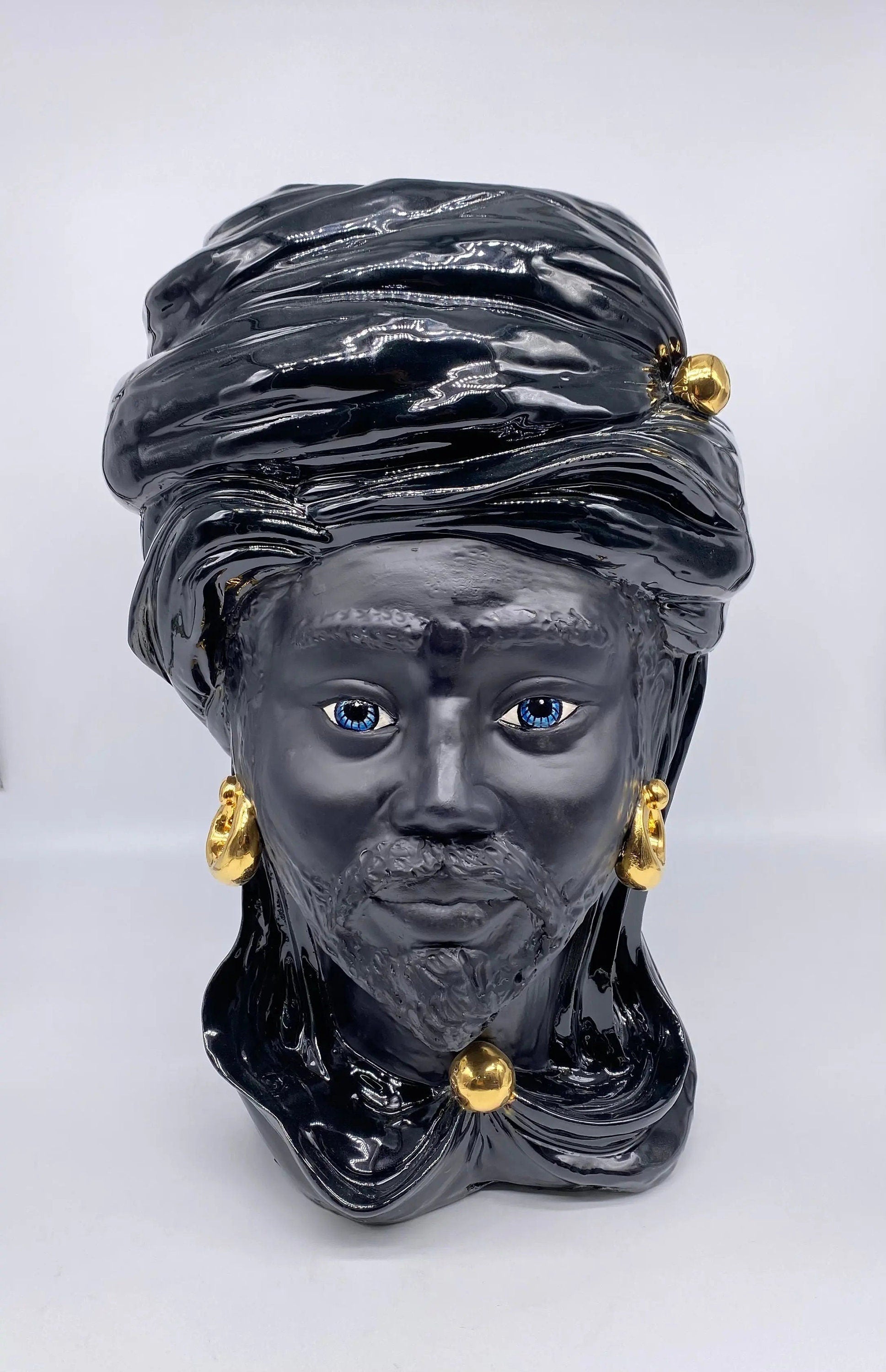 Teste di Moro Anubi Ceramica Caltagirone cm H.40 L.25 Artigianale Nero Oro DD CERAMICHE SICILIANE