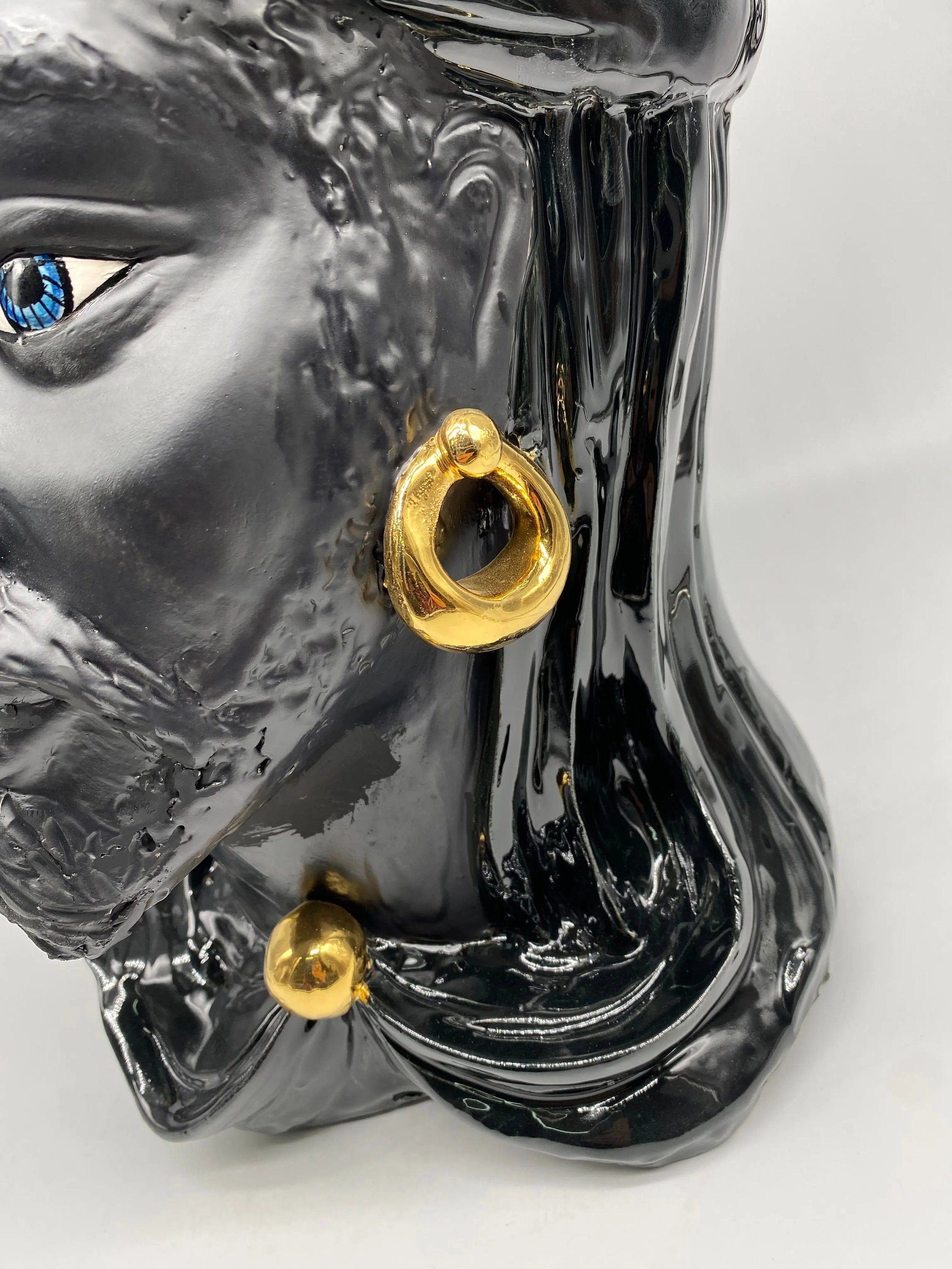 Teste di Moro Anubi Ceramica Caltagirone cm H.40 L.25 Artigianale Nero Oro DD CERAMICHE SICILIANE