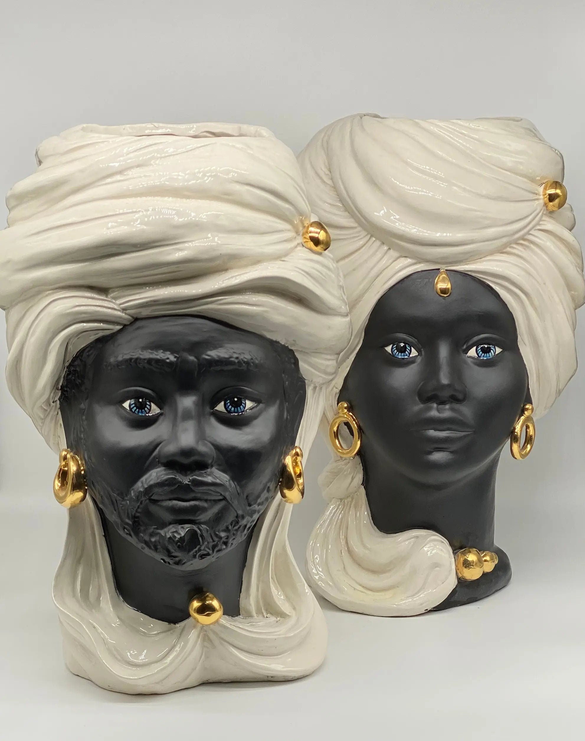 Teste di Moro Anubi Ceramica Caltagirone cm H.40 L.25 Artigianale Bianco Nero Oro DD CERAMICHE SICILIANE