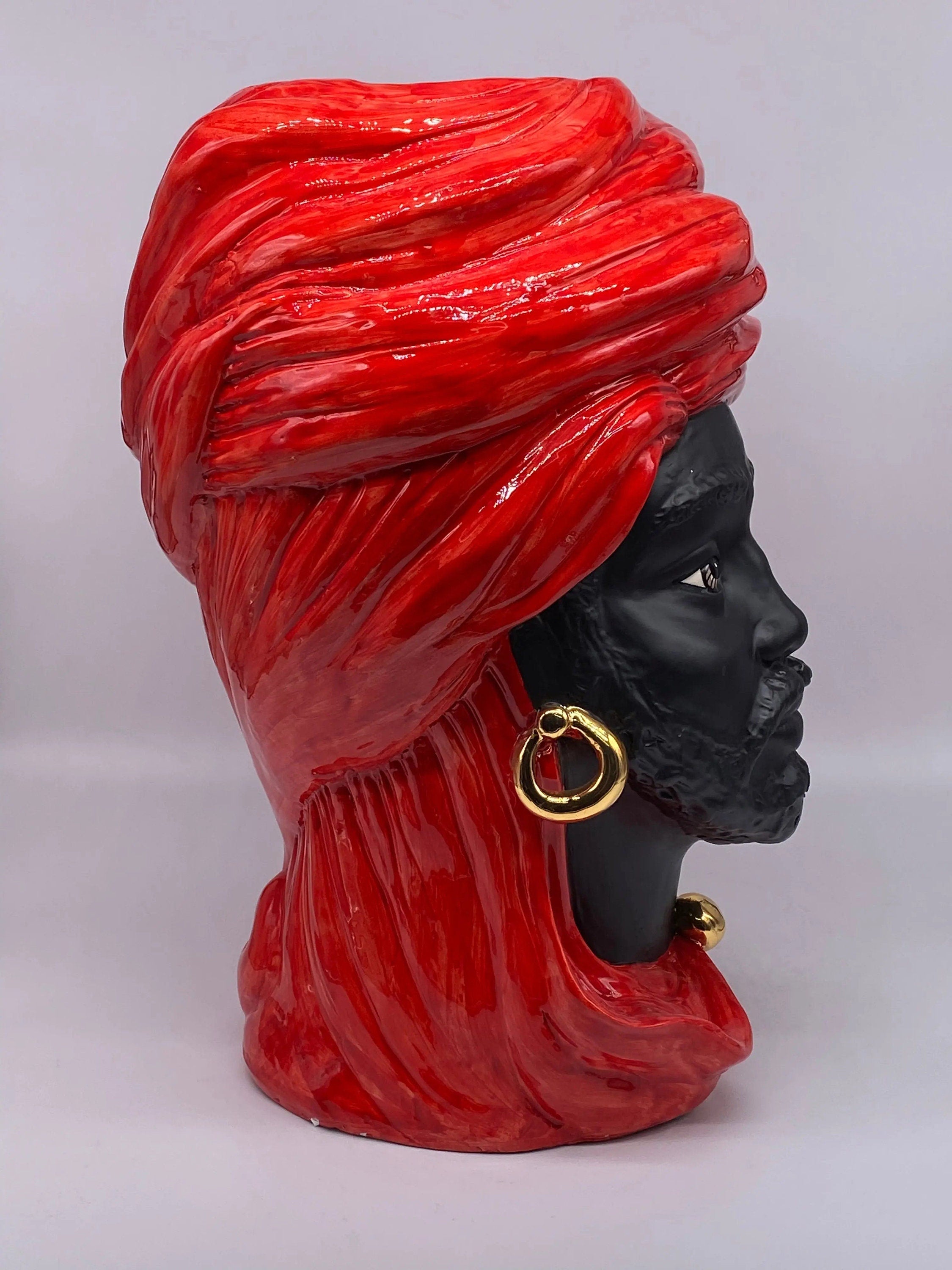 Teste di Moro Anubi Ceramica Caltagirone cm H.40 L.25 Artigianale Rosso Nero Oro DD CERAMICHE SICILIANE