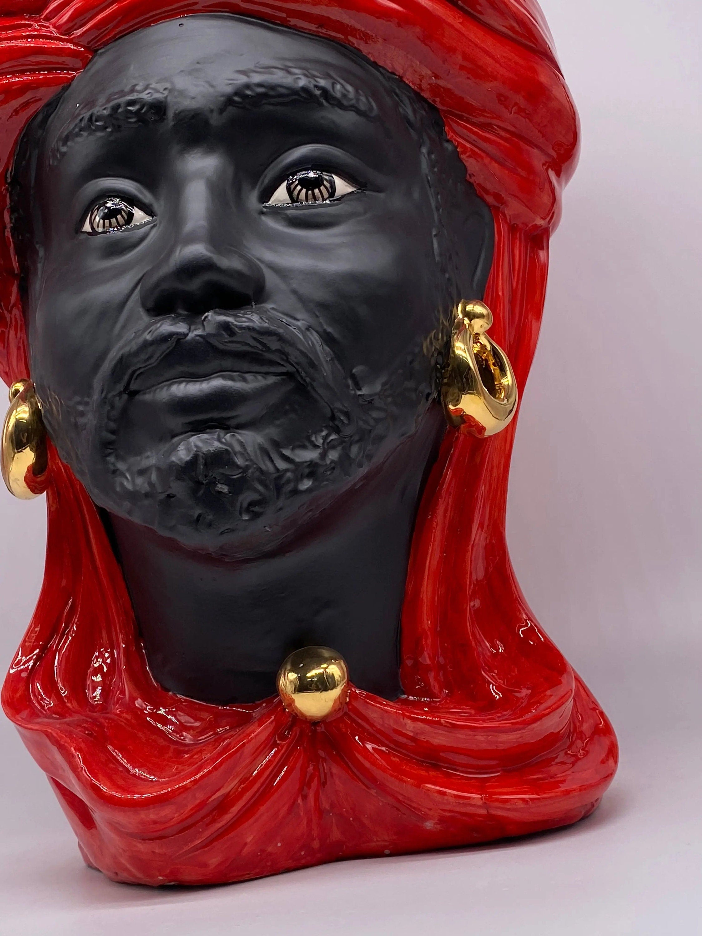 Teste di Moro Anubi Ceramica Caltagirone cm H.40 L.25 Artigianale Rosso Nero Oro DD CERAMICHE SICILIANE