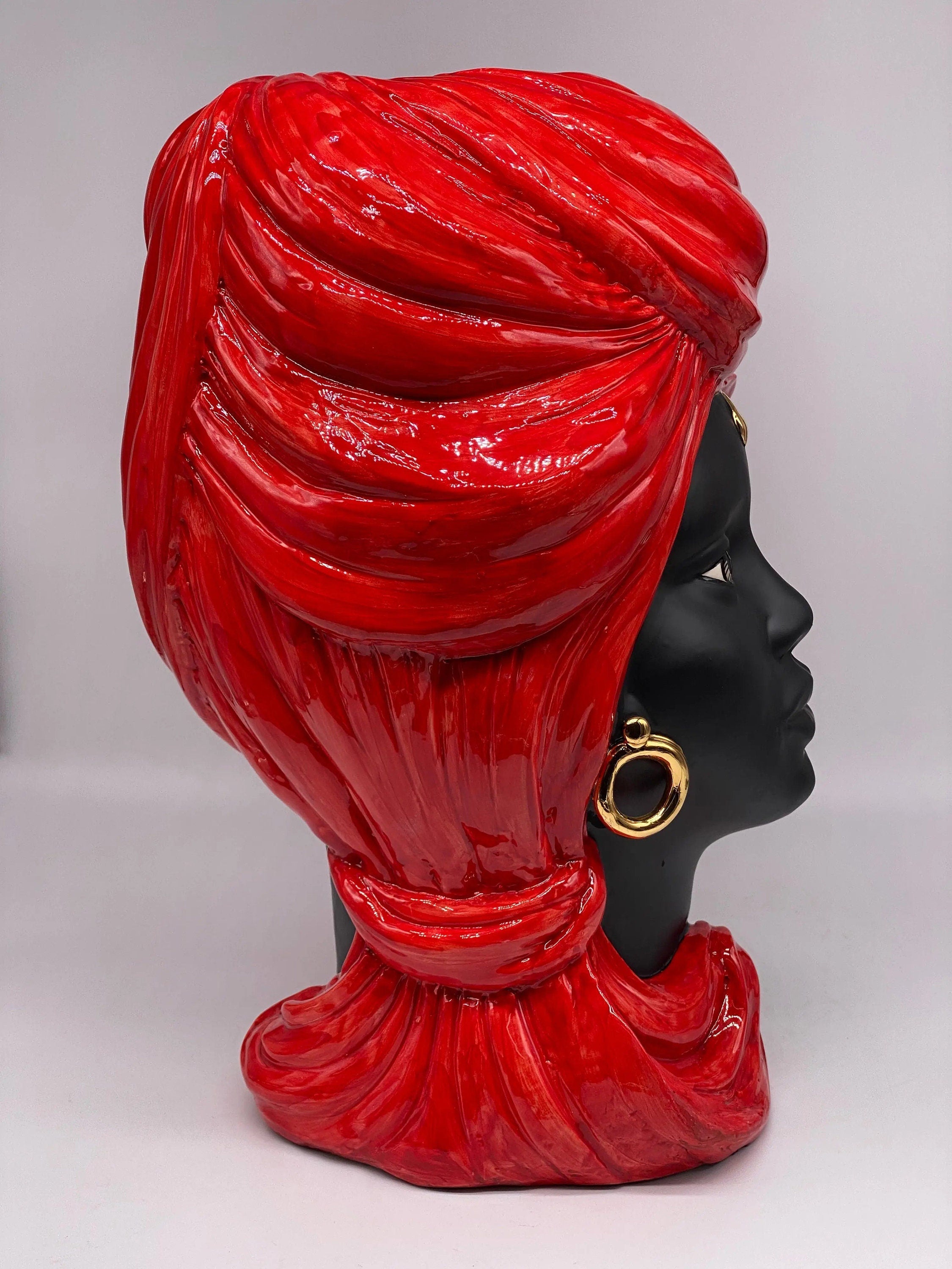 Teste di Moro Anubi Ceramica Caltagirone cm H.40 L.25 Artigianale Rosso Nero Oro DD CERAMICHE SICILIANE