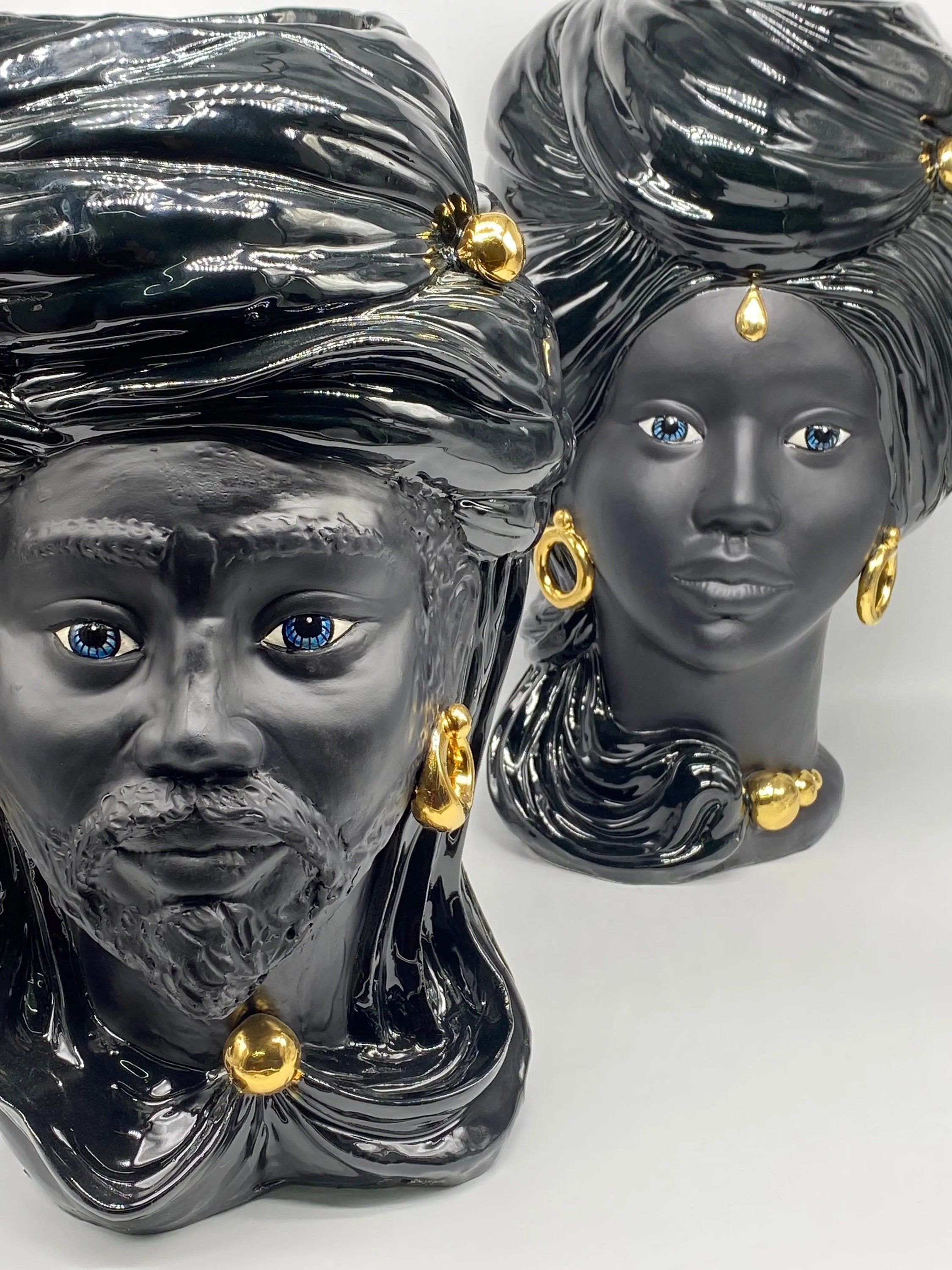 Teste di Moro Anubi Ceramica Caltagirone cm H.40 L.25 Artigianale Nero Oro DD CERAMICHE SICILIANE