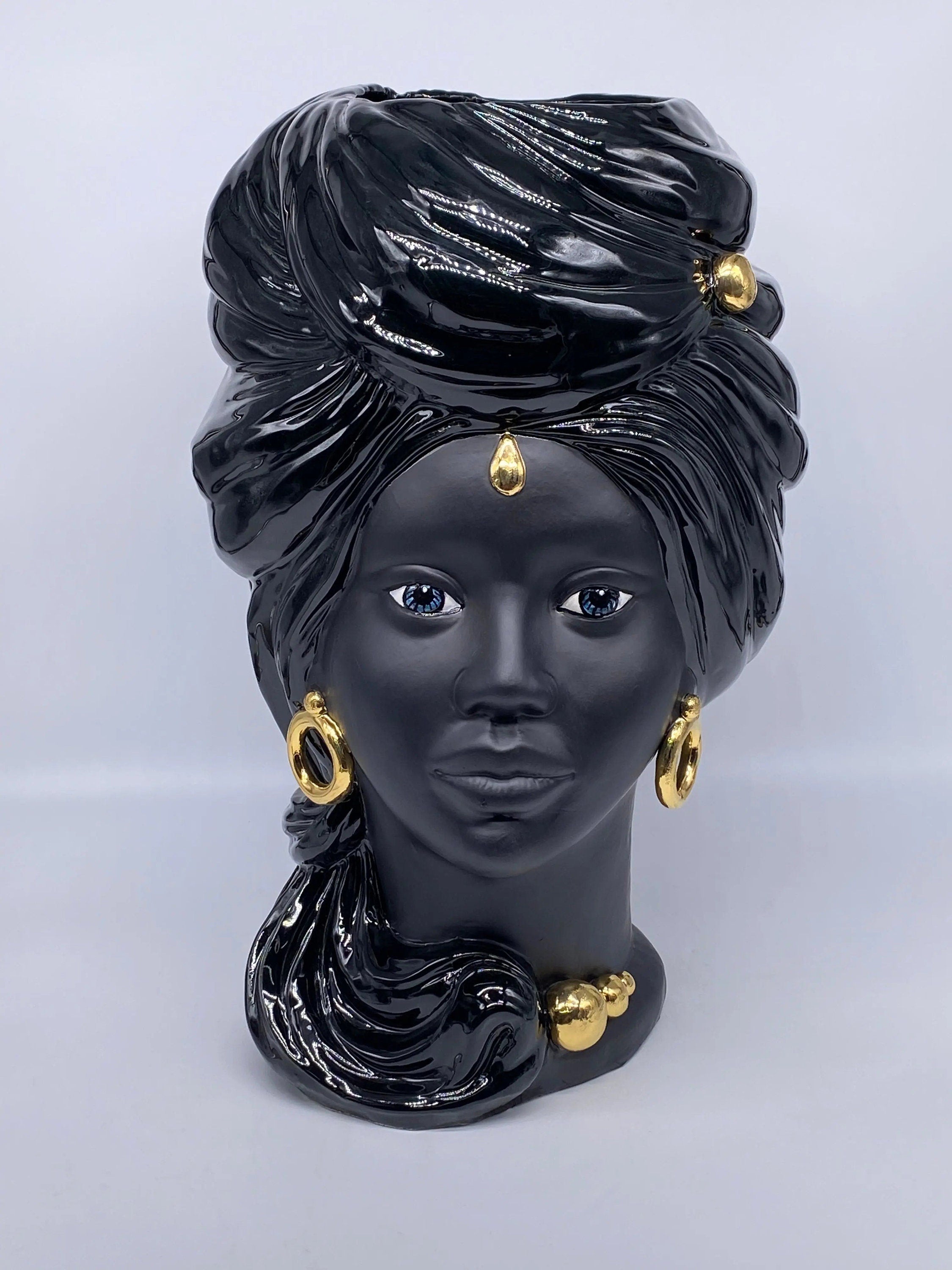 Teste di Moro Anubi Ceramica Caltagirone cm H.40 L.25 Artigianale Nero Oro DD CERAMICHE SICILIANE