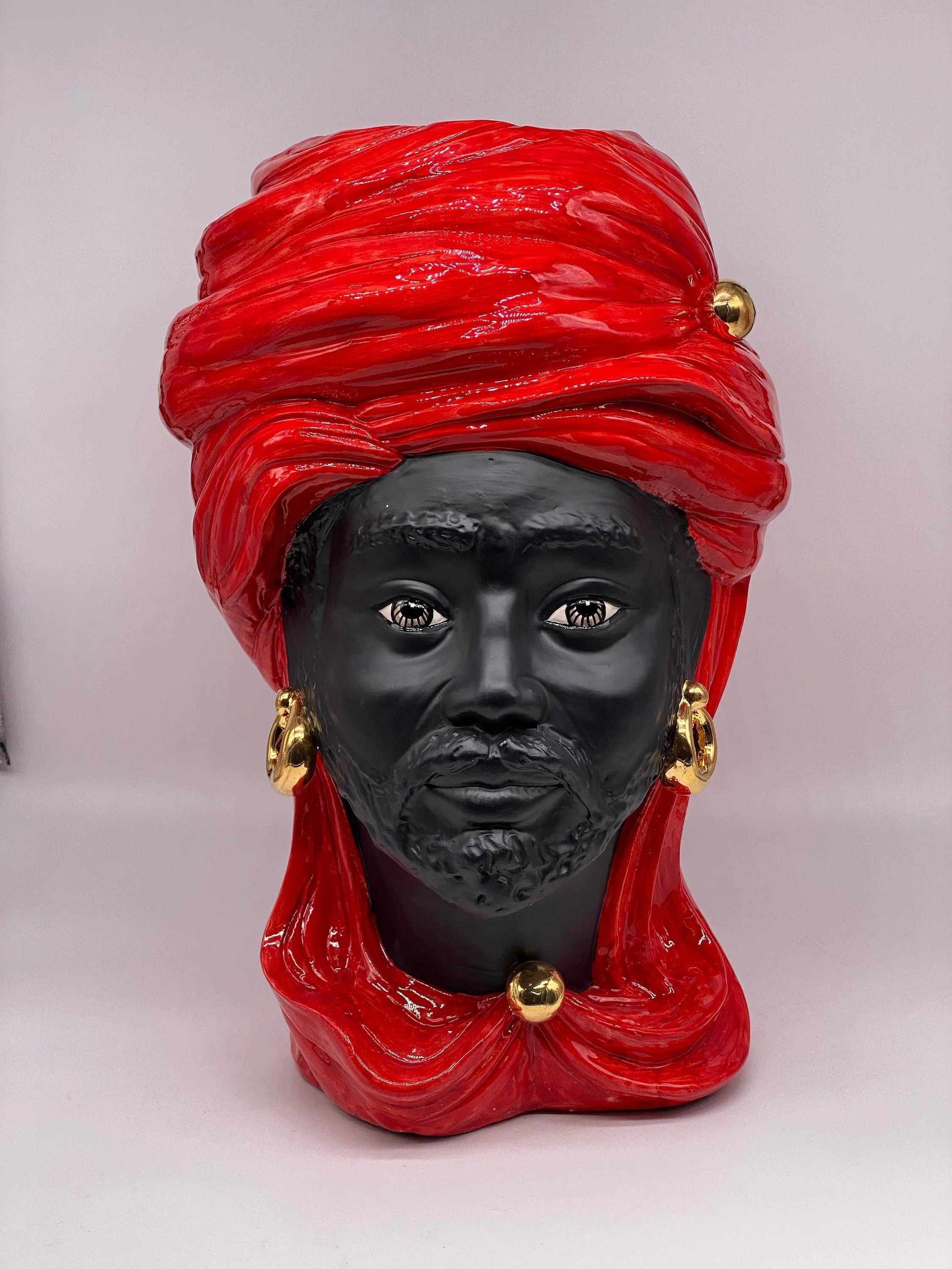 Teste di Moro Anubi Ceramica Caltagirone cm H.40 L.25 Artigianale Rosso Nero Oro DD CERAMICHE SICILIANE