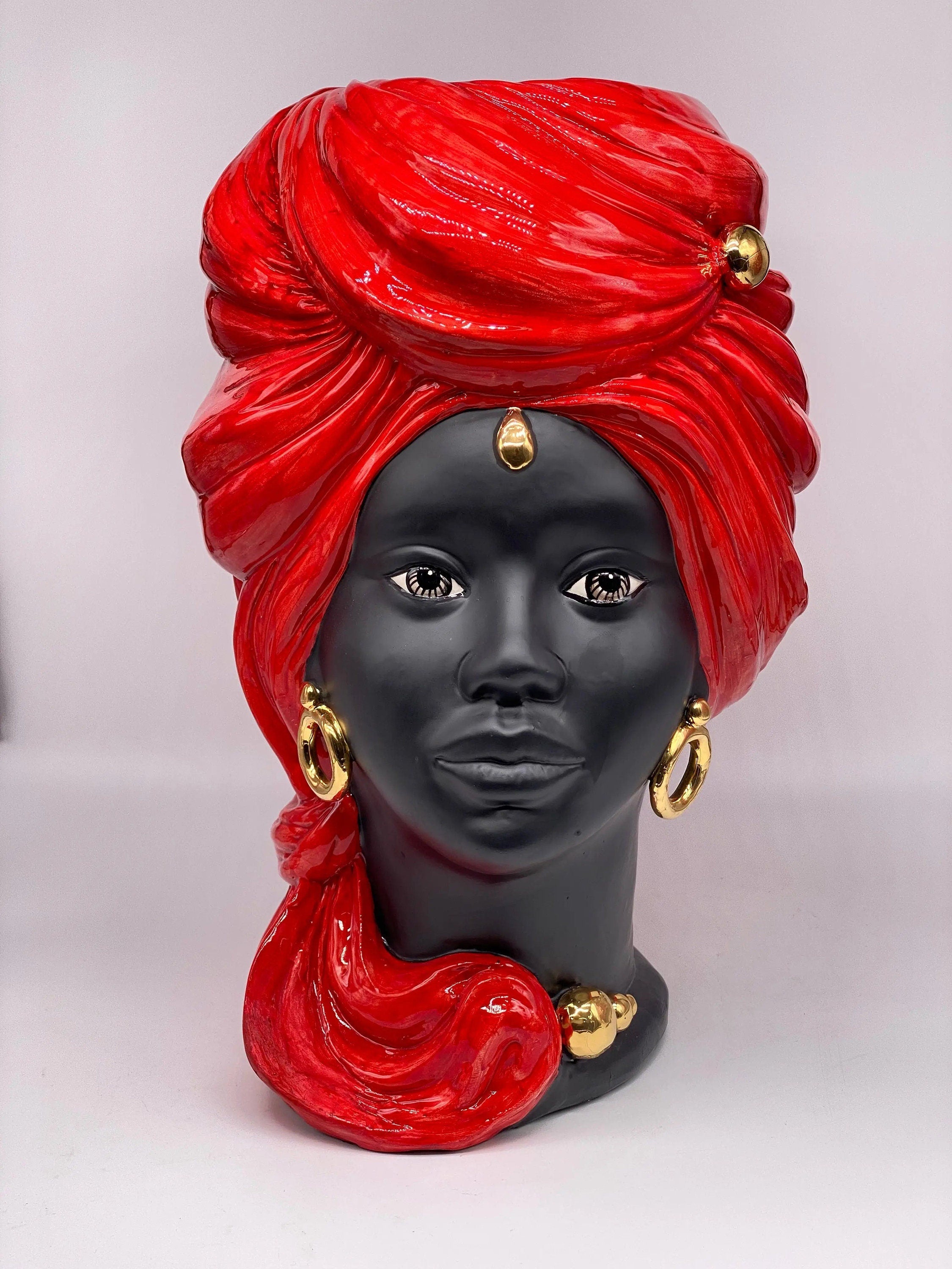 Teste di Moro Anubi Ceramica Caltagirone cm H.40 L.25 Artigianale Rosso Nero Oro DD CERAMICHE SICILIANE