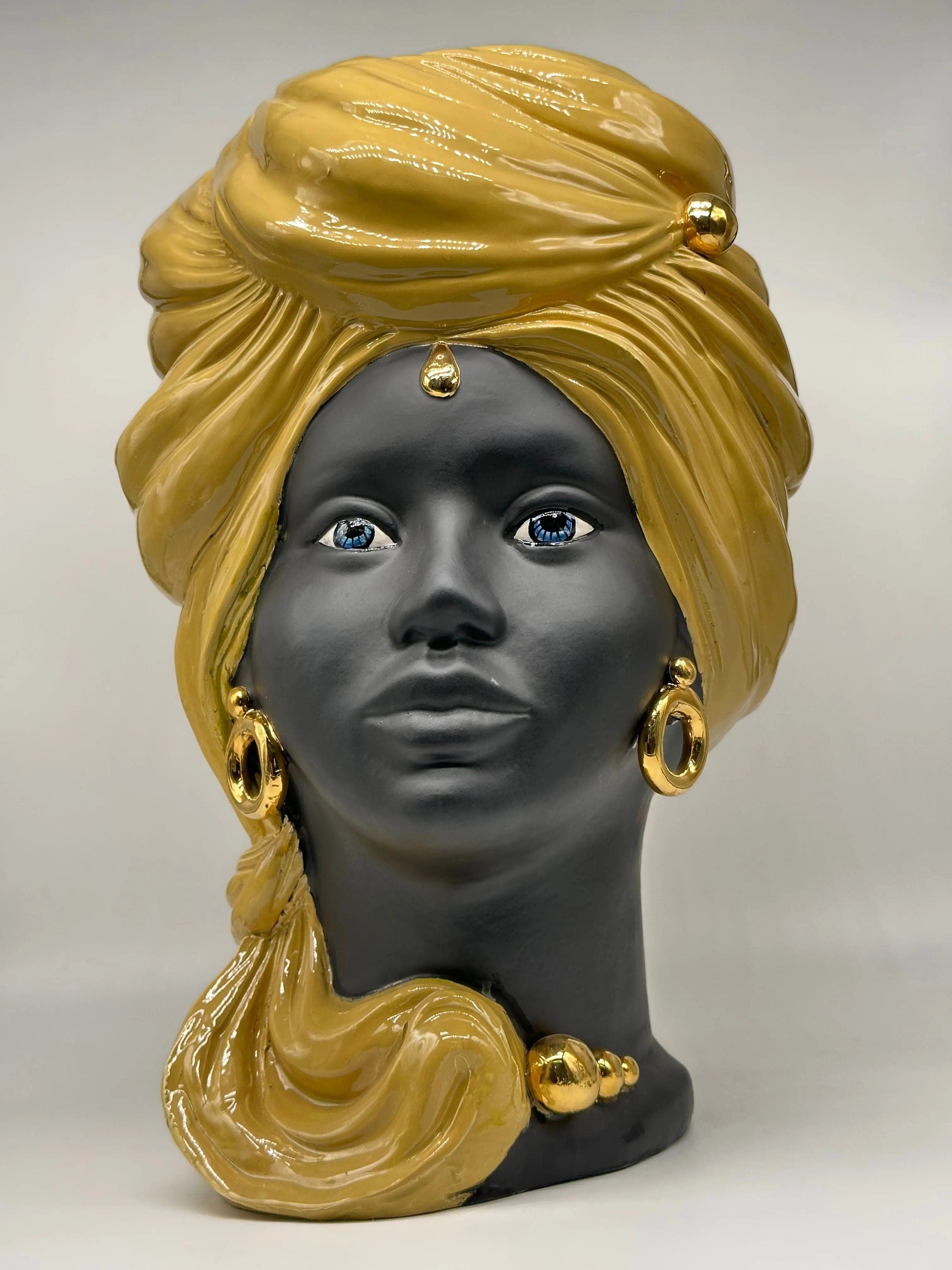 Teste di Moro Anubi Ceramica Caltagirone cm H.40 L.25 Artigianale Senape Nero Oro DD CERAMICHE SICILIANE