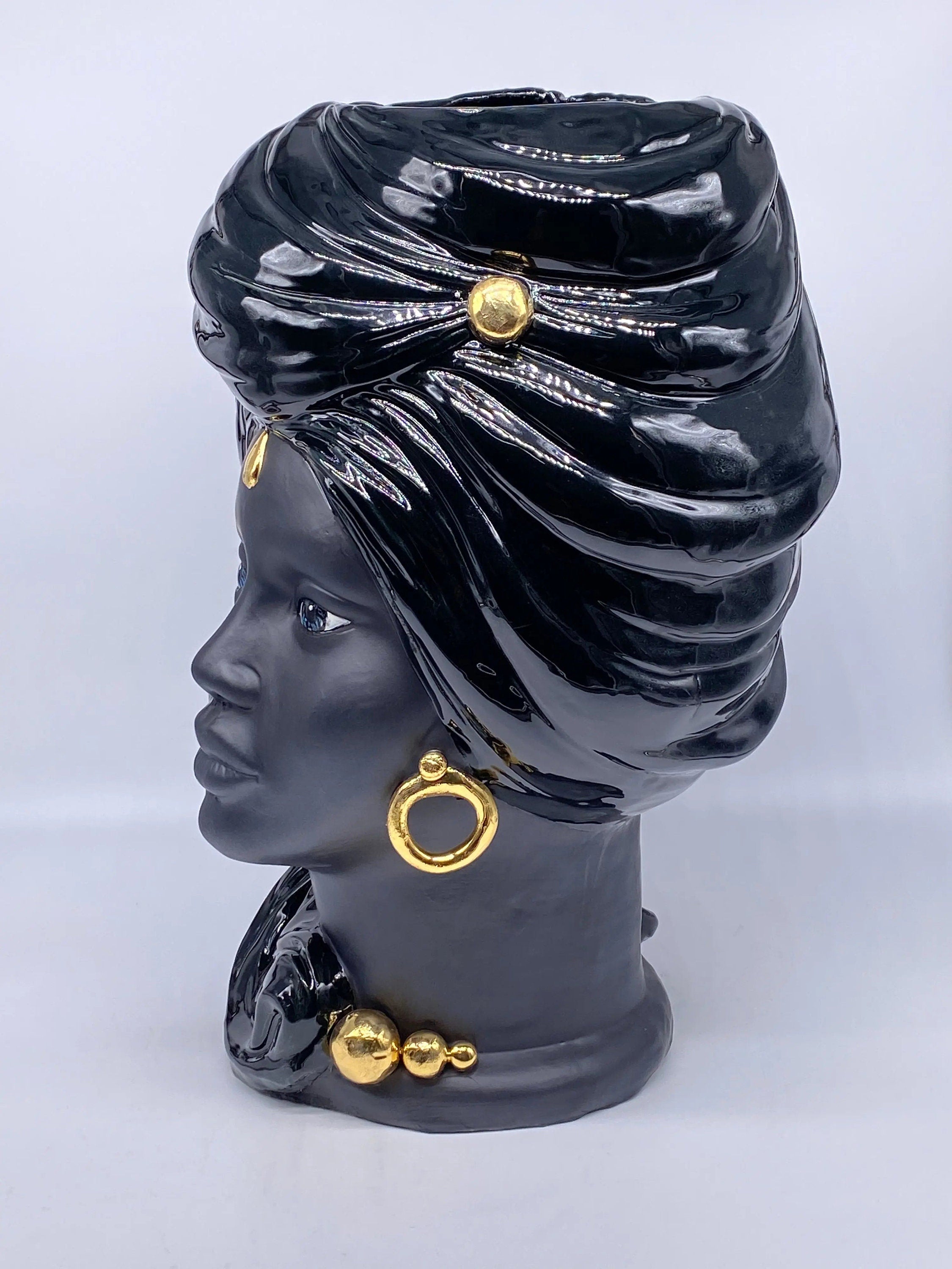 Teste di Moro Anubi Ceramica Caltagirone cm H.40 L.25 Artigianale Nero Oro DD CERAMICHE SICILIANE