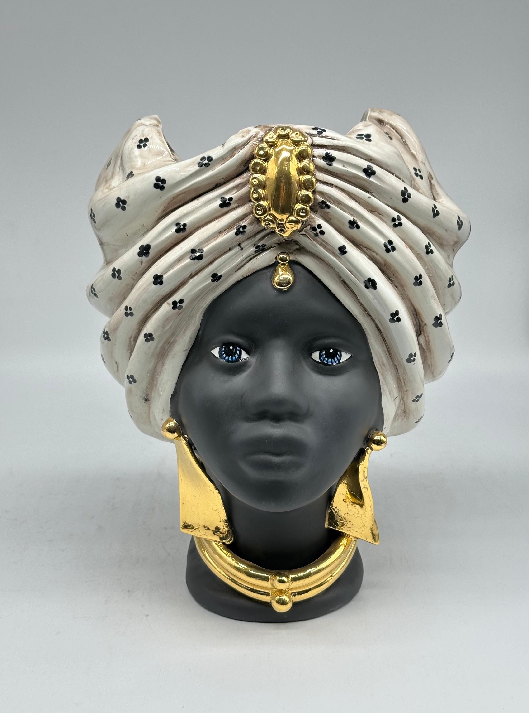 Teste di Moro Applique Atena Ceramica Caltagirone cm H.30 L.23 Artigianale Écru Pois Nero Oro - TESTA DI MORO