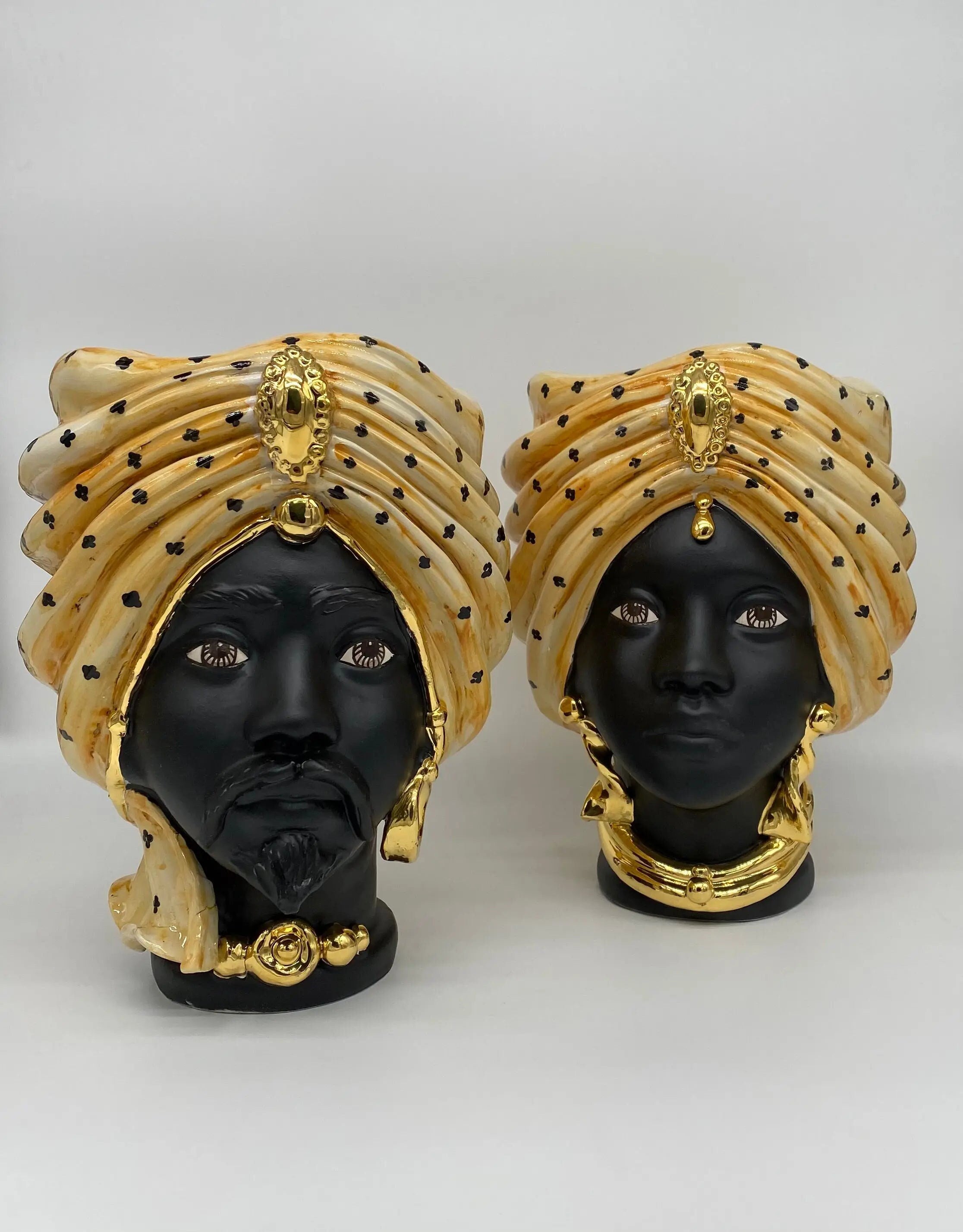 Teste di Moro Atena Ceramica Caltagirone cm H.24 L.18 Artigianale Arancio Pois Nero Oro DD CERAMICHE SICILIANE