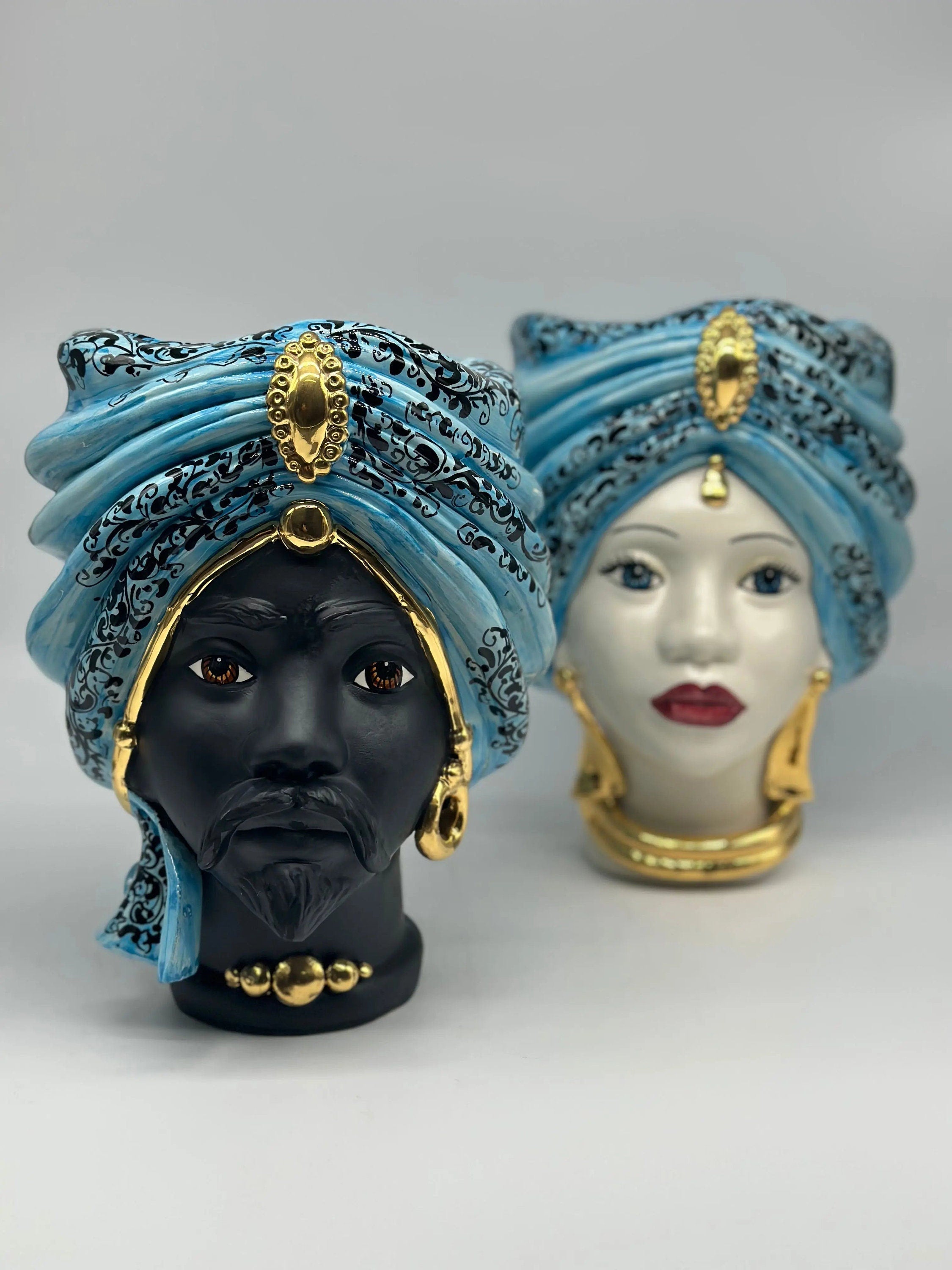 Teste di Moro Atena Ceramica Caltagirone cm H.24 L.18 Artigianale Opaco Celeste Barocco Oro DD CERAMICHE SICILIANE