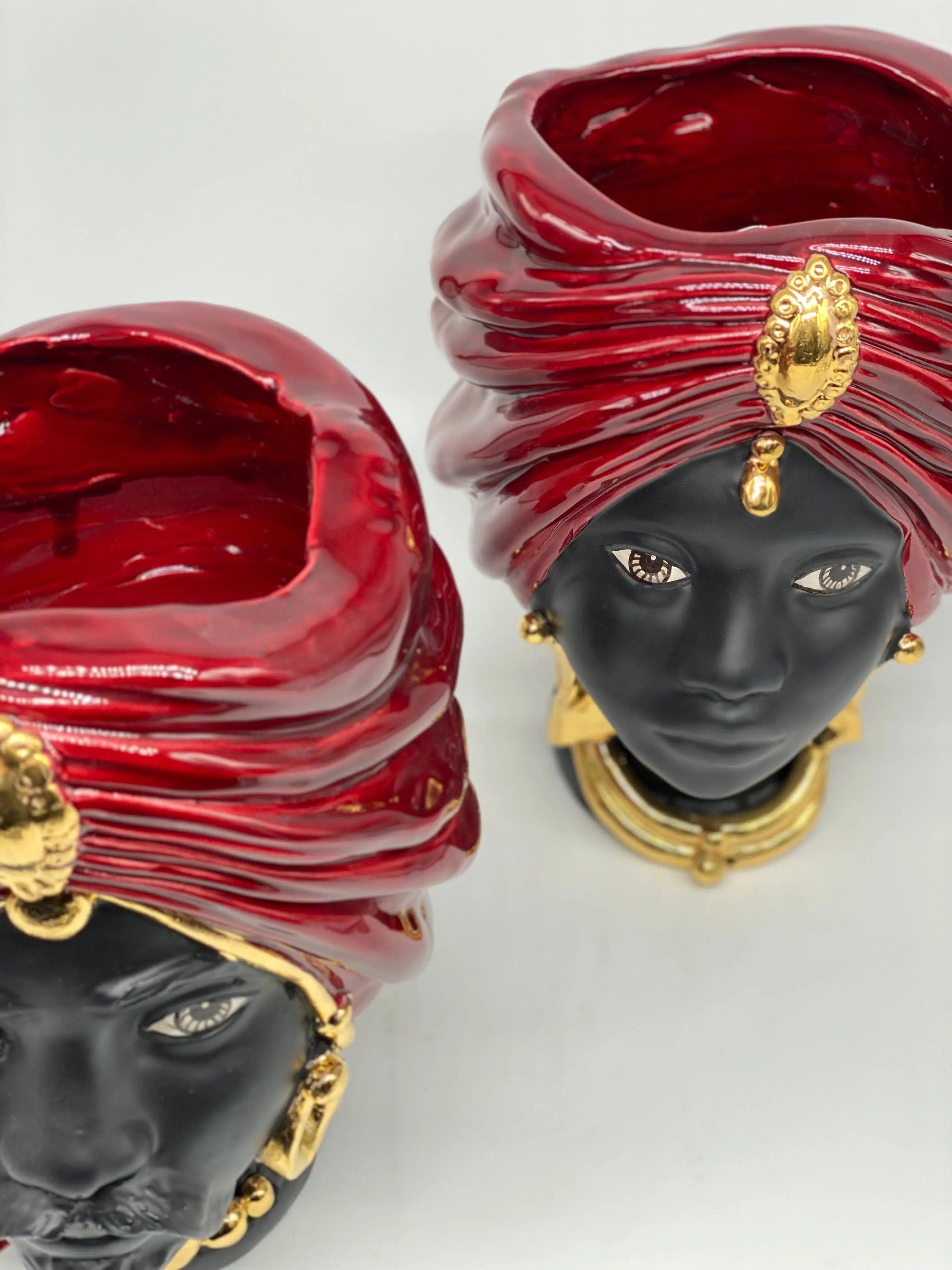 Teste di Moro Atena Ceramica Caltagirone cm H.24 L.18 Artigianale Bordeaux Opaco Oro DD CERAMICHE SICILIANE