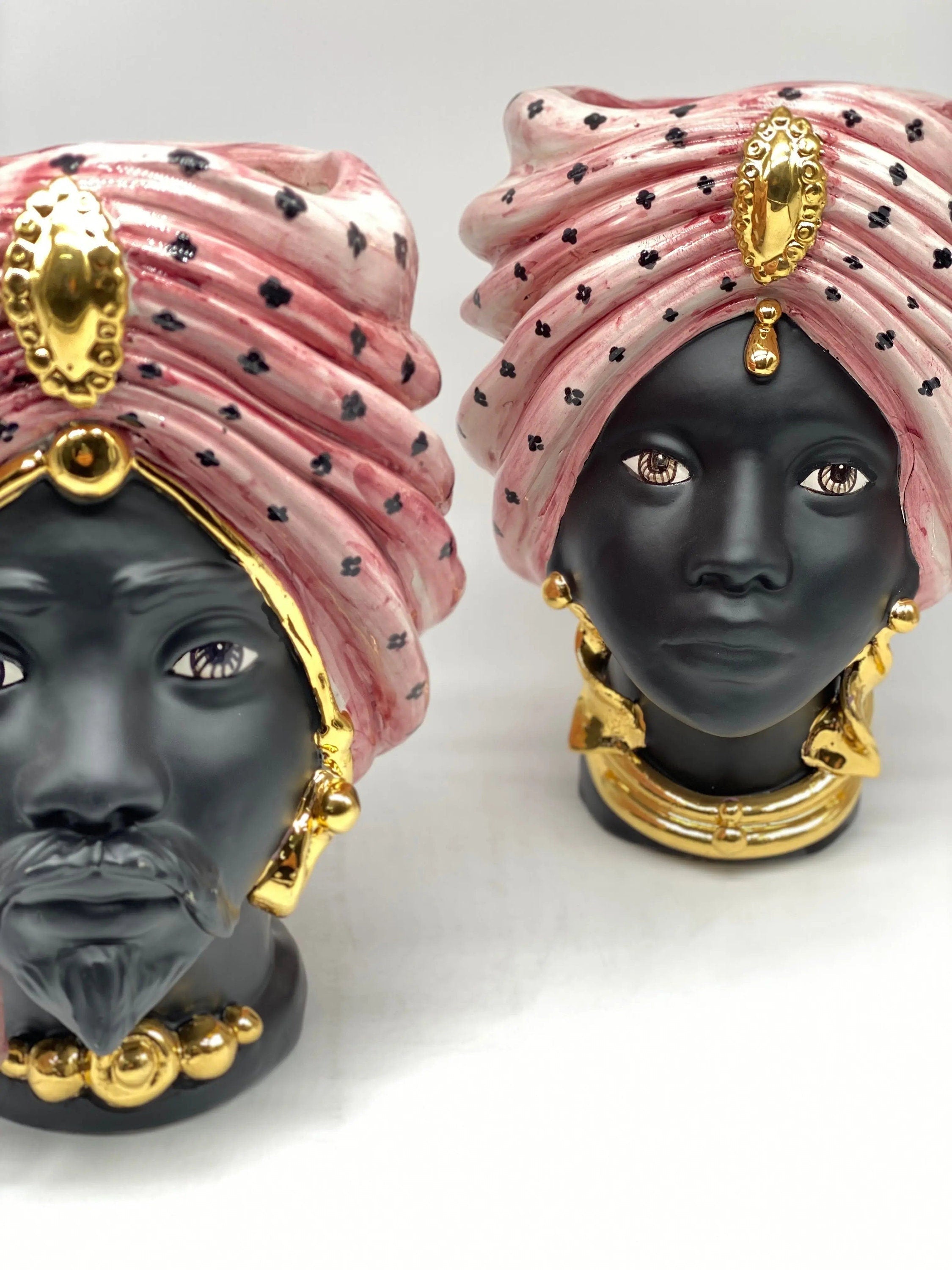 Teste di Moro Atena Ceramica Caltagirone cm H.24 L.18 Artigianale Rosa Pois Nero Oro DD CERAMICHE SICILIANE