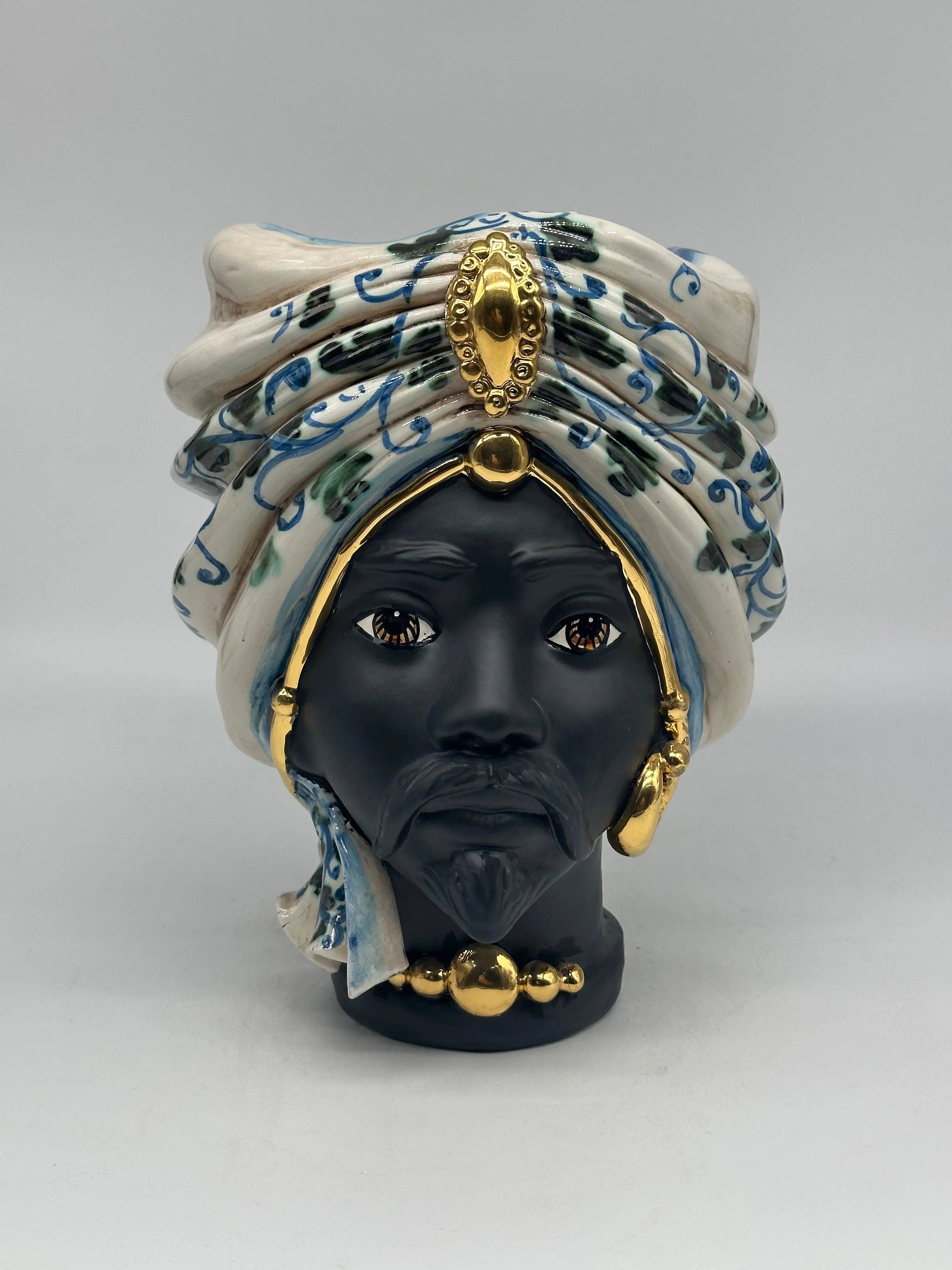 Teste di Moro Atena Ceramica Caltagirone cm H.24 L.18 Artigianale Bianco Barocco Blu Verde Oro DD CERAMICHE SICILIANE