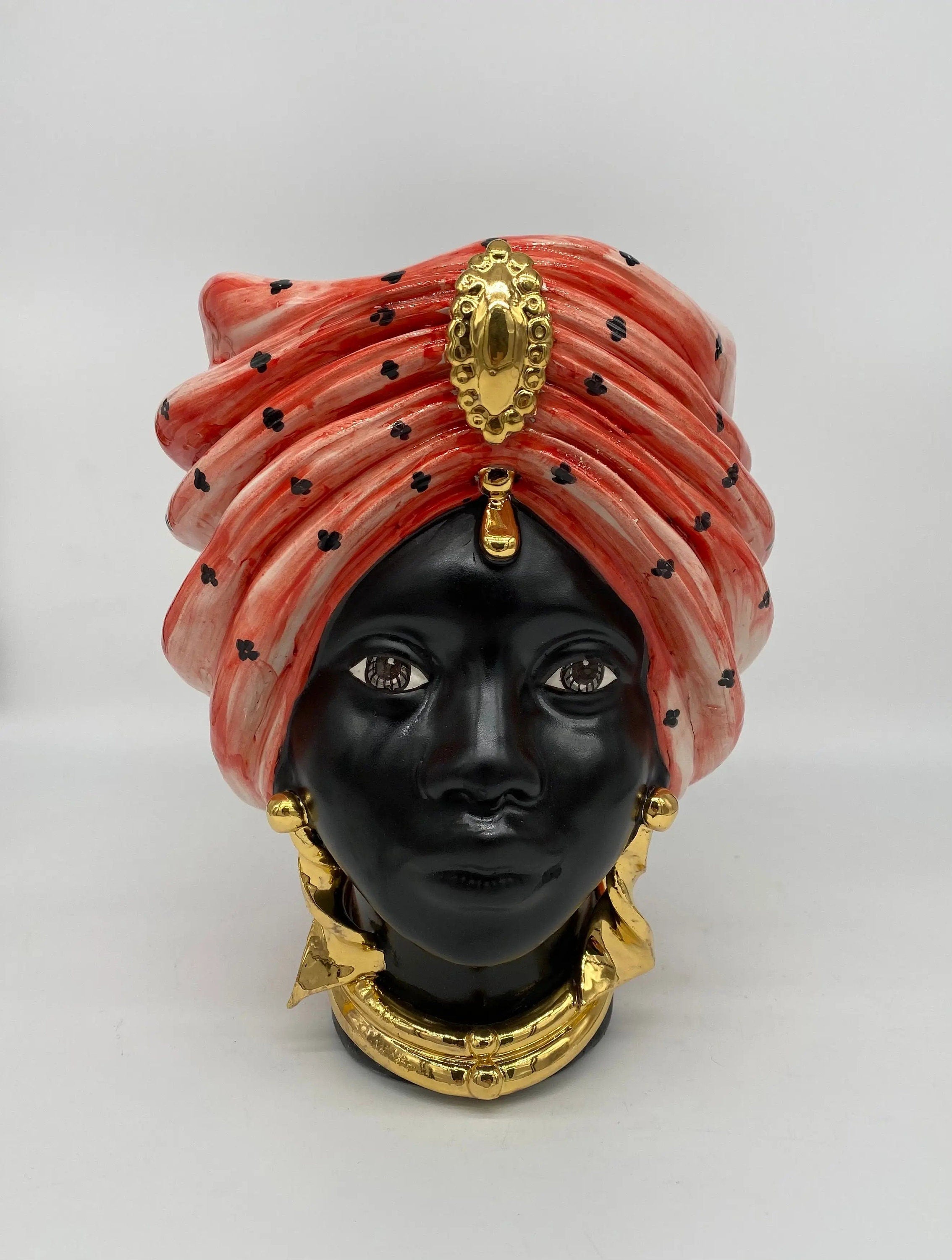 Teste di Moro Atena Ceramica Caltagirone cm H.24 L.18 Artigianale Rosso Pois Nero Oro DD CERAMICHE SICILIANE