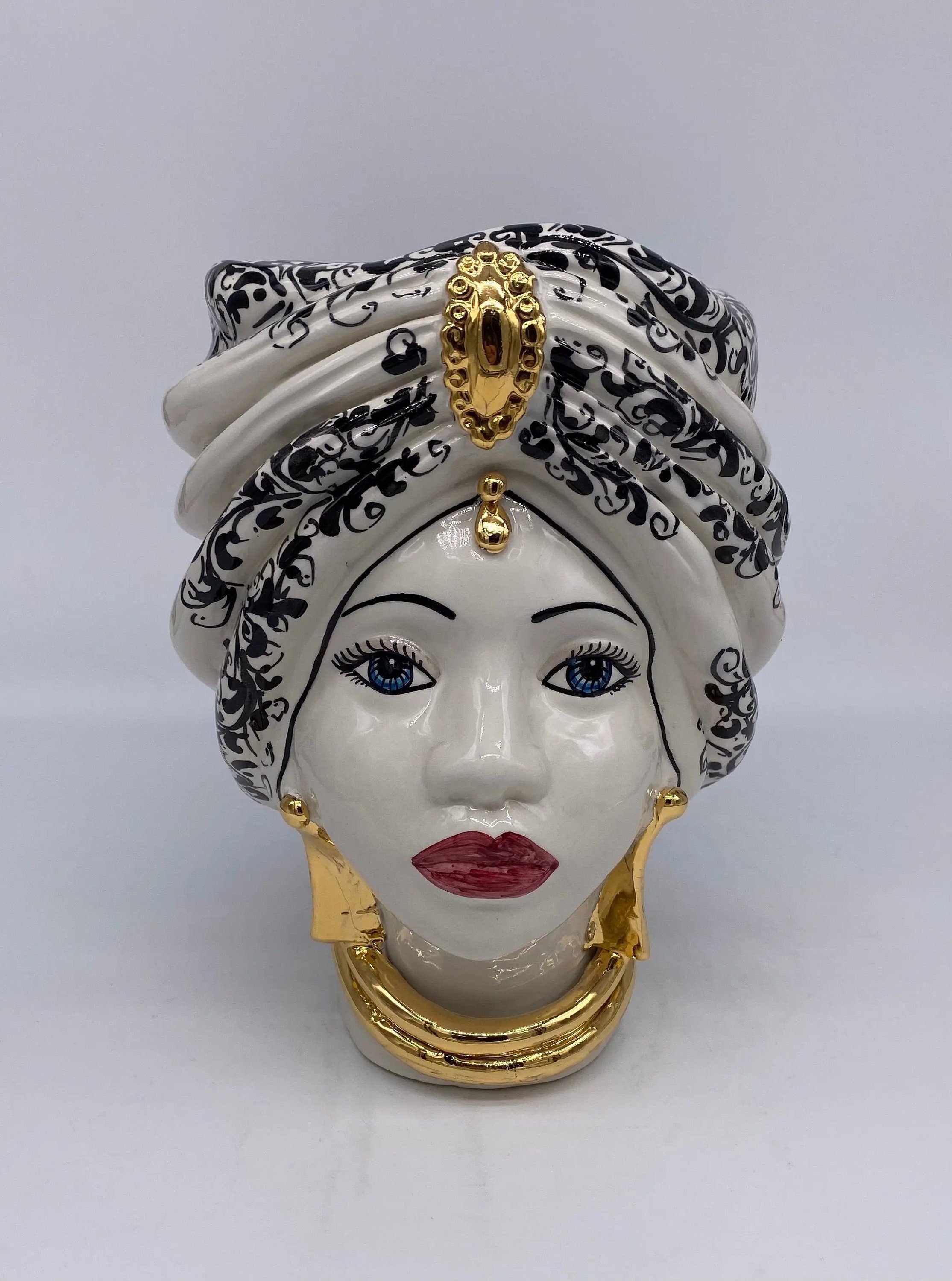 Teste di Moro Atena Ceramica Caltagirone cm H.24 L.18 Artigianale Opaco Bianco Barocco Oro DD CERAMICHE SICILIANE