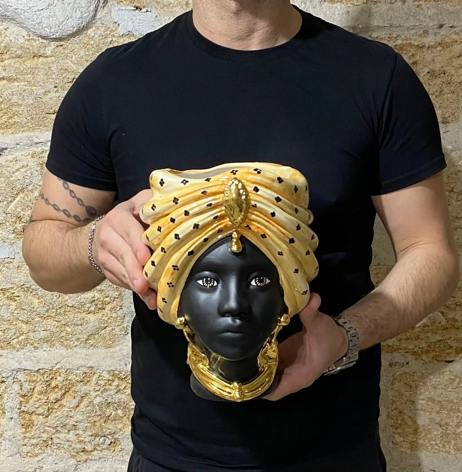 Teste di Moro Atena Ceramica Caltagirone cm H.24 L.18 Artigianale Arancio Pois Nero Oro DD CERAMICHE SICILIANE