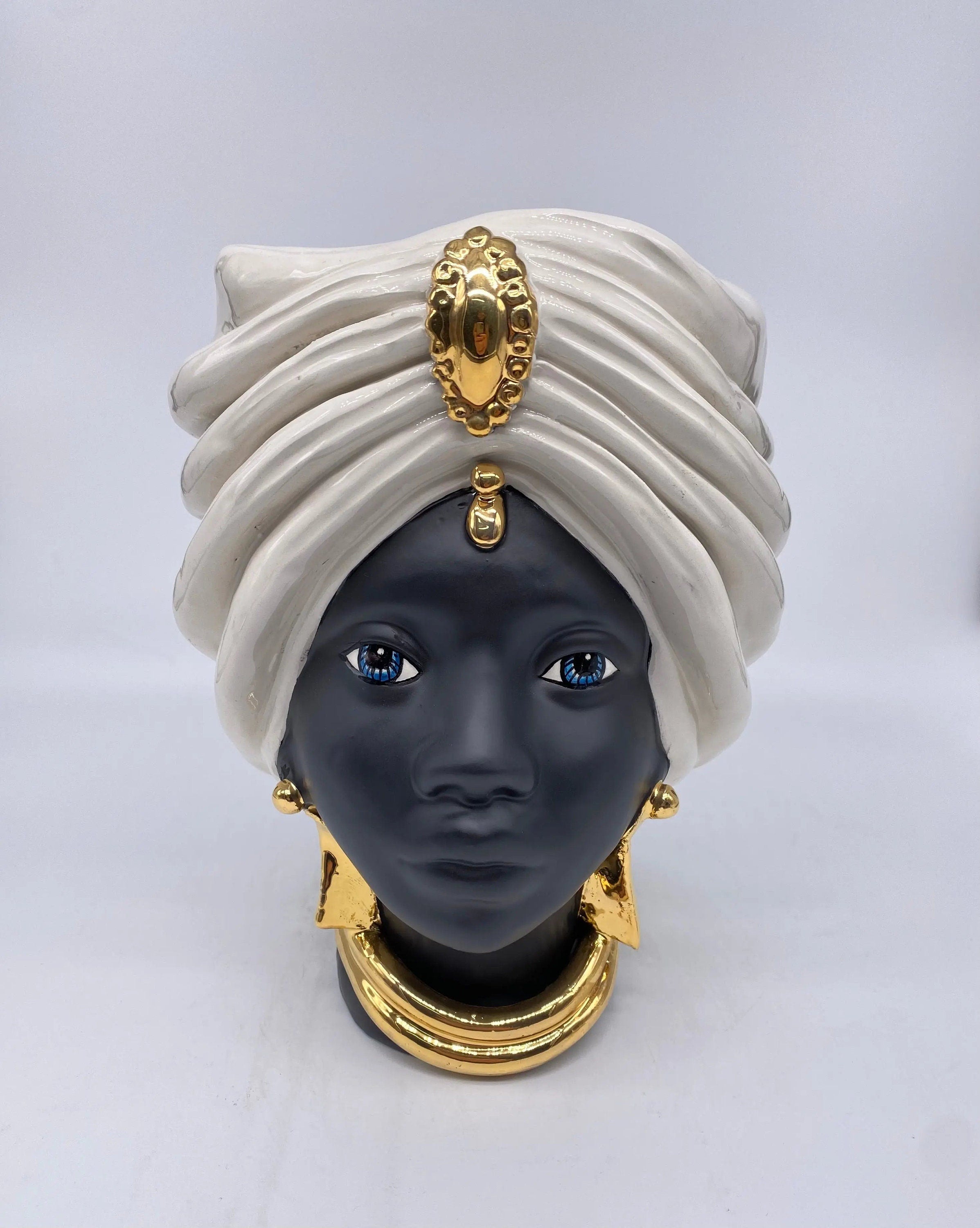 Teste di Moro Atena Ceramica Caltagirone cm H.24 L.18 Artigianale Bianco Nero Oro DD CERAMICHE SICILIANE