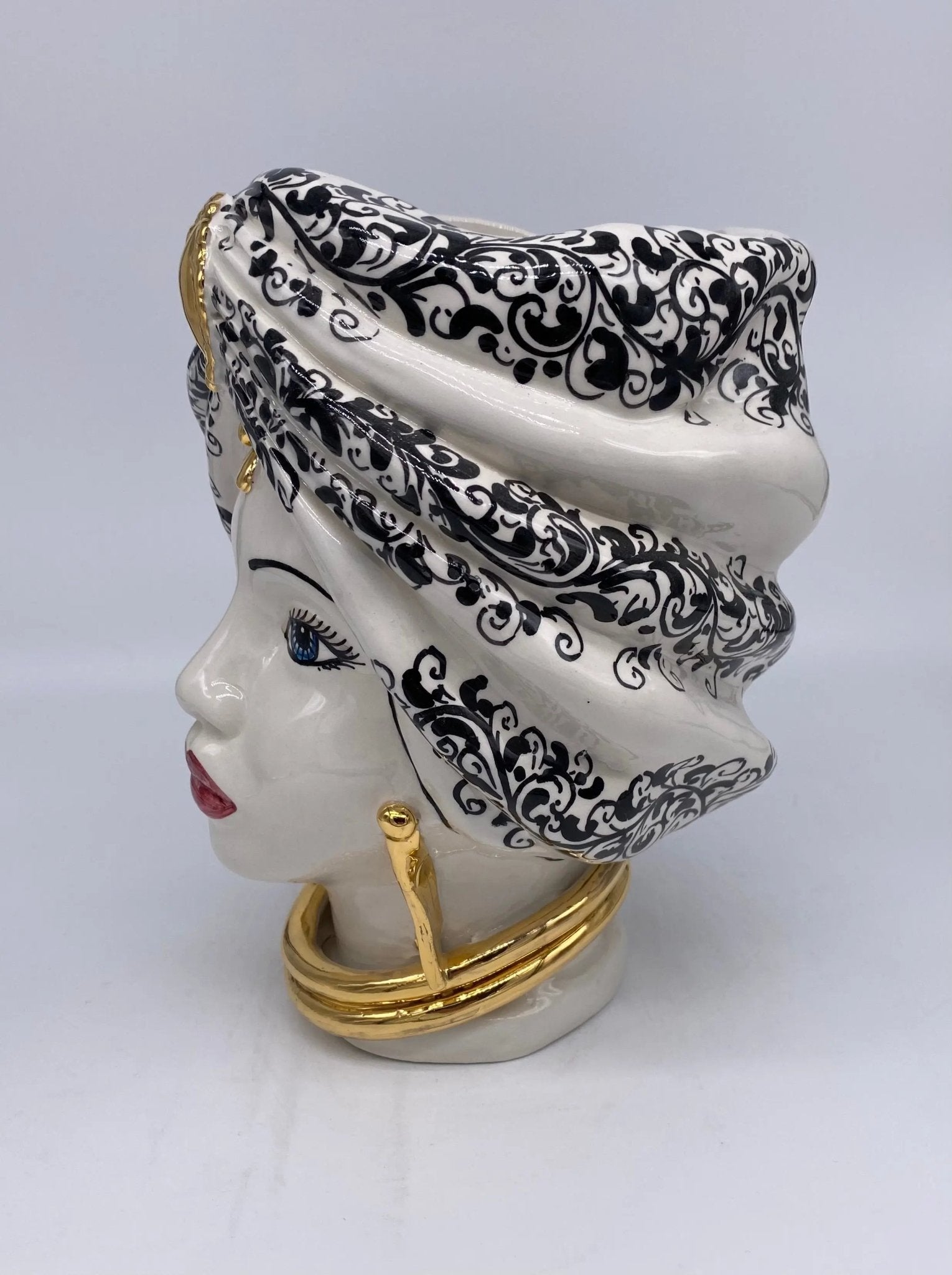 Teste di Moro Atena Ceramica Caltagirone cm H.24 L.18 Artigianale Opaco Bianco Barocco Oro - DD CERAMICHE SICILIANE