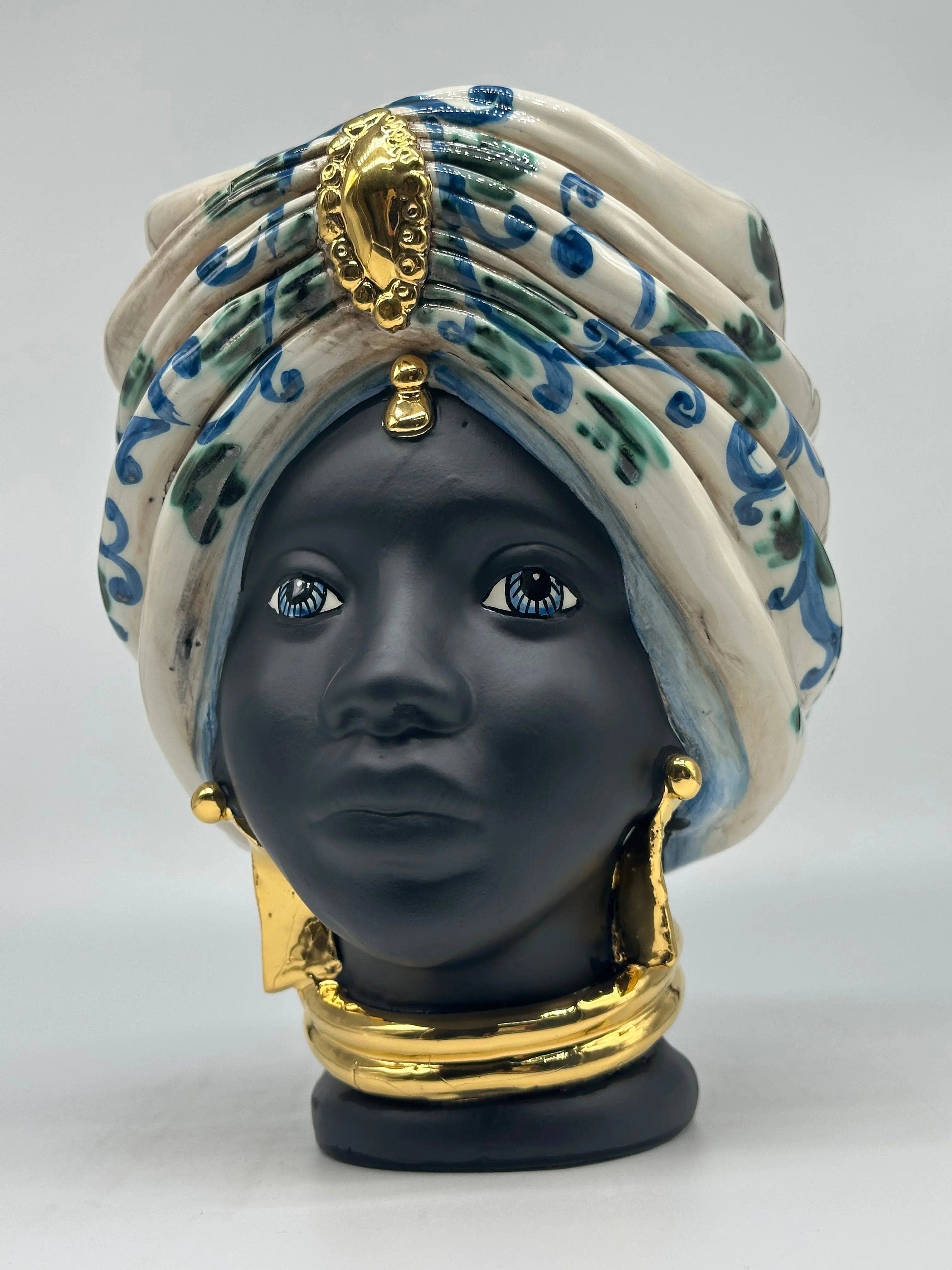Teste di Moro Atena Ceramica Caltagirone cm H.24 L.18 Artigianale Bianco Barocco Blu Verde Oro DD CERAMICHE SICILIANE