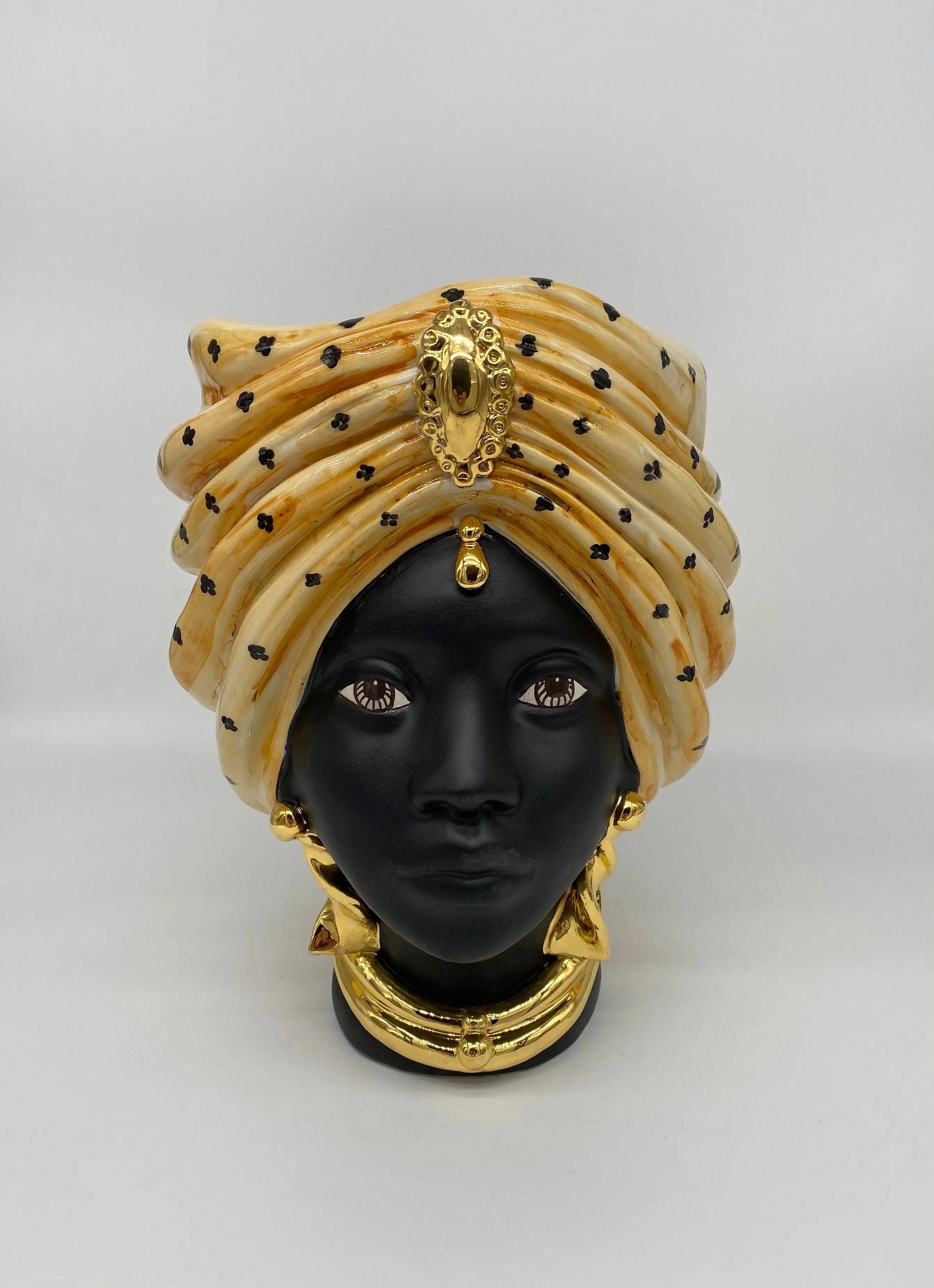 Teste di Moro Atena Ceramica Caltagirone cm H.24 L.18 Artigianale Arancio Pois Nero Oro DD CERAMICHE SICILIANE