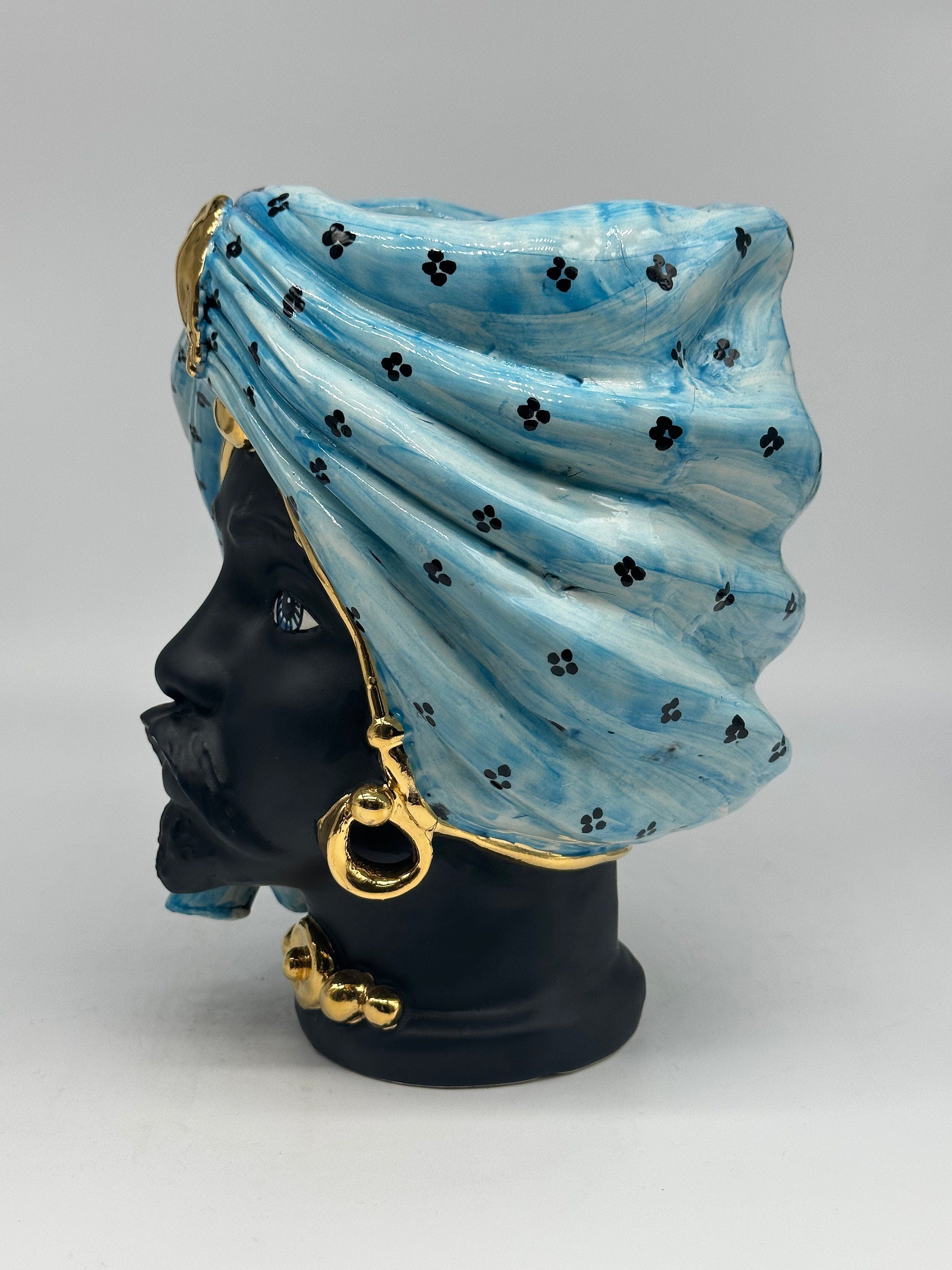 Teste di Moro Atena Ceramica Caltagirone cm H.24 L.18 Artigianale Celeste Pois Nero Oro DD CERAMICHE SICILIANE