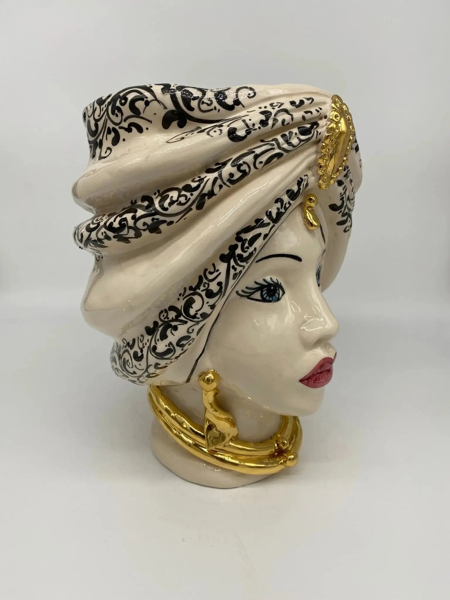 Teste di Moro Atena Ceramica Caltagirone cm H.24 L.18 Artigianale Bianco Decoro Barocco Oro - DD CERAMICHE SICILIANE
