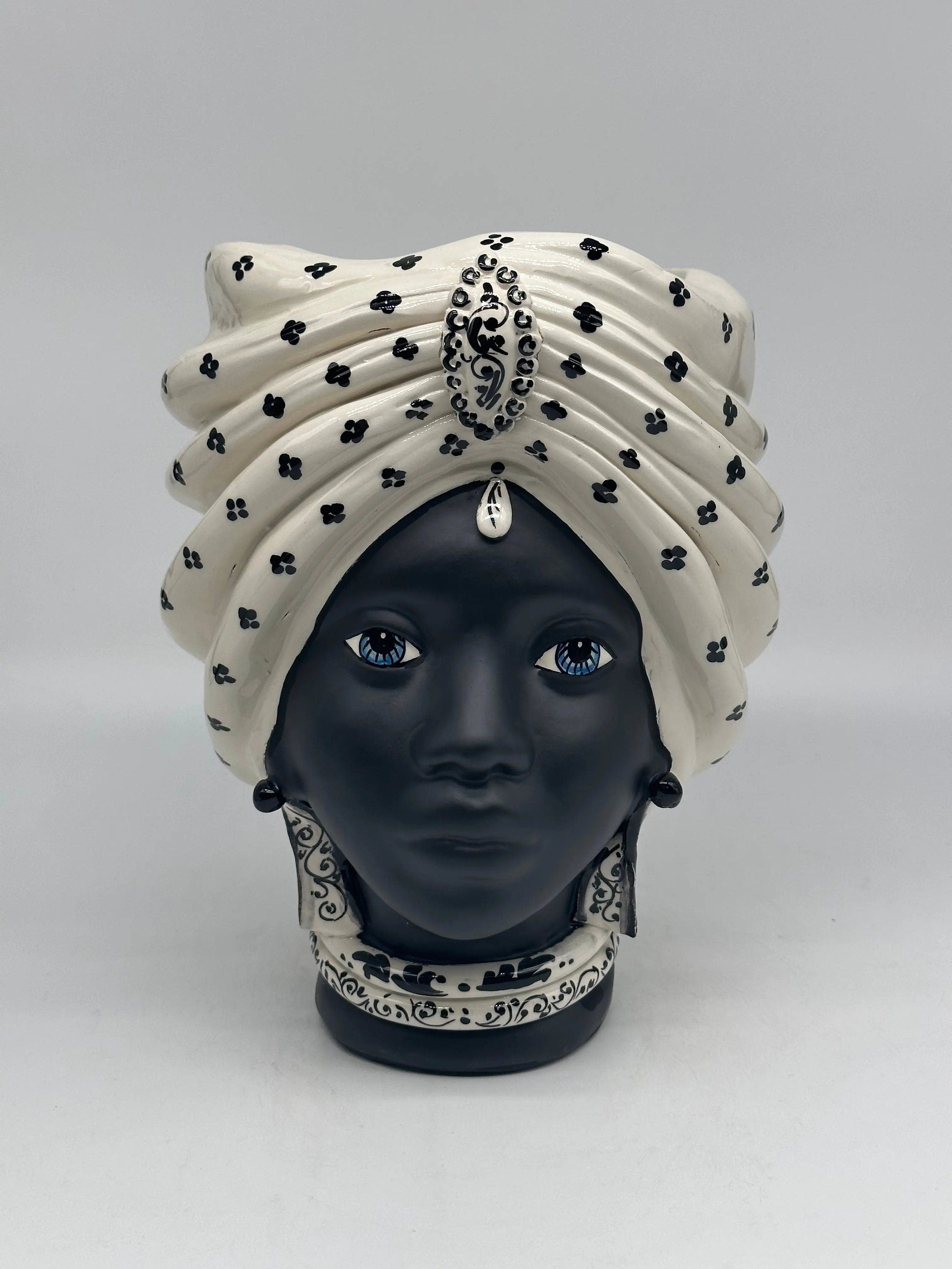 Teste di Moro Atena Ceramica Caltagirone cm H.24 L.18 Artigianale Bianco Pois Nero Opaco DD CERAMICHE SICILIANE