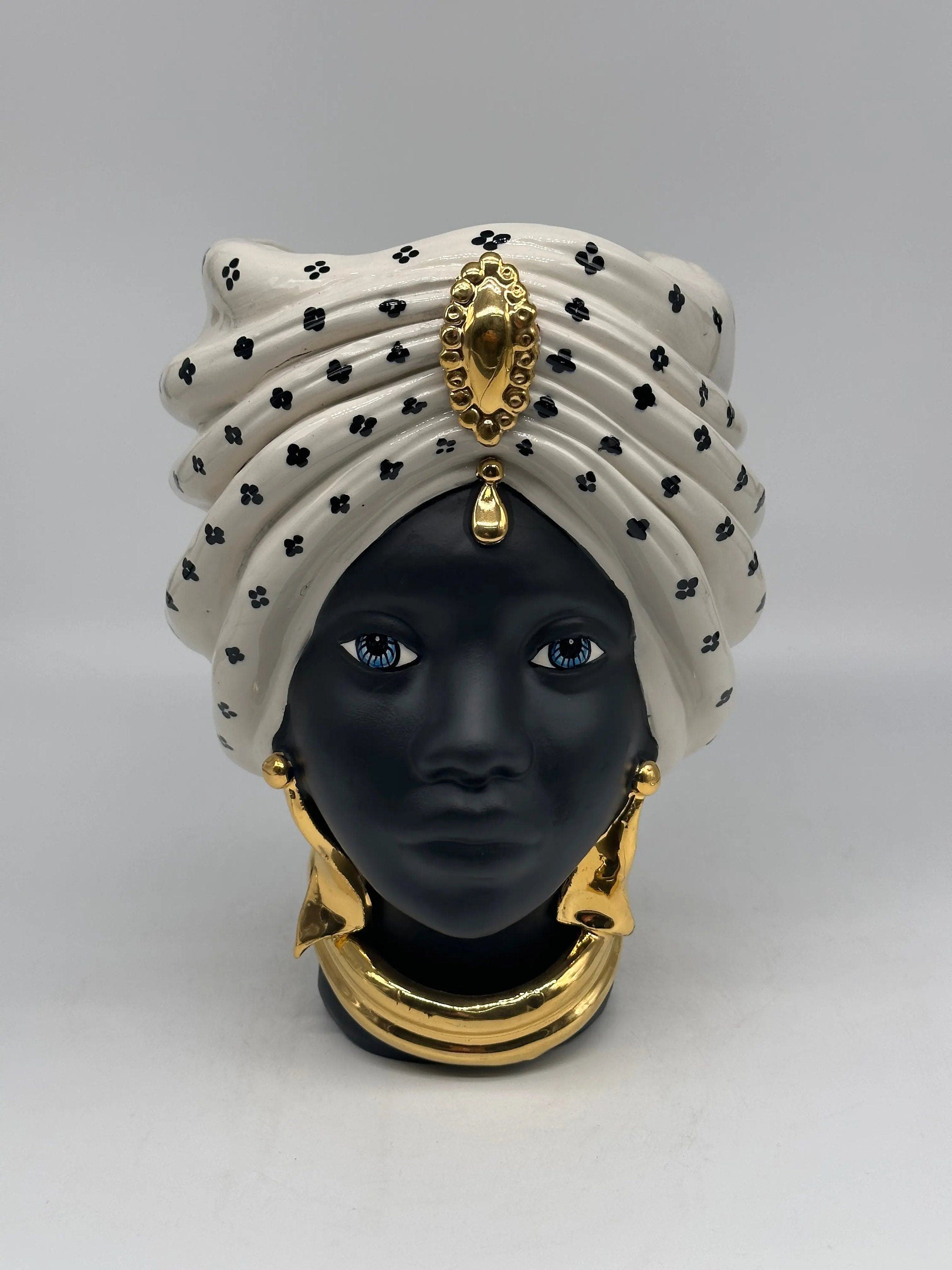 Teste di Moro Atena Ceramica Caltagirone cm H.24 L.18 Artigianale Bianco Pois Nero Oro DD CERAMICHE SICILIANE