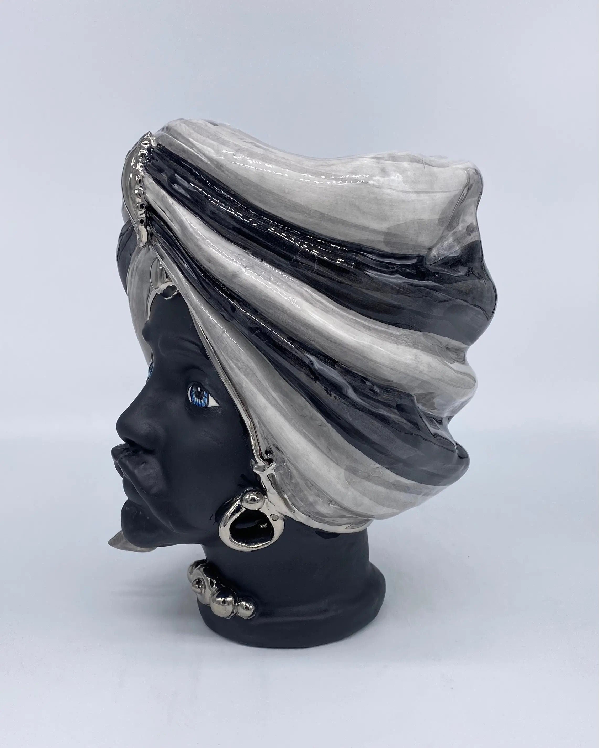 Teste di Moro Atena Ceramica Caltagirone cm H.24 L.18 Artigianale Grigio Nero Platino DD CERAMICHE SICILIANE