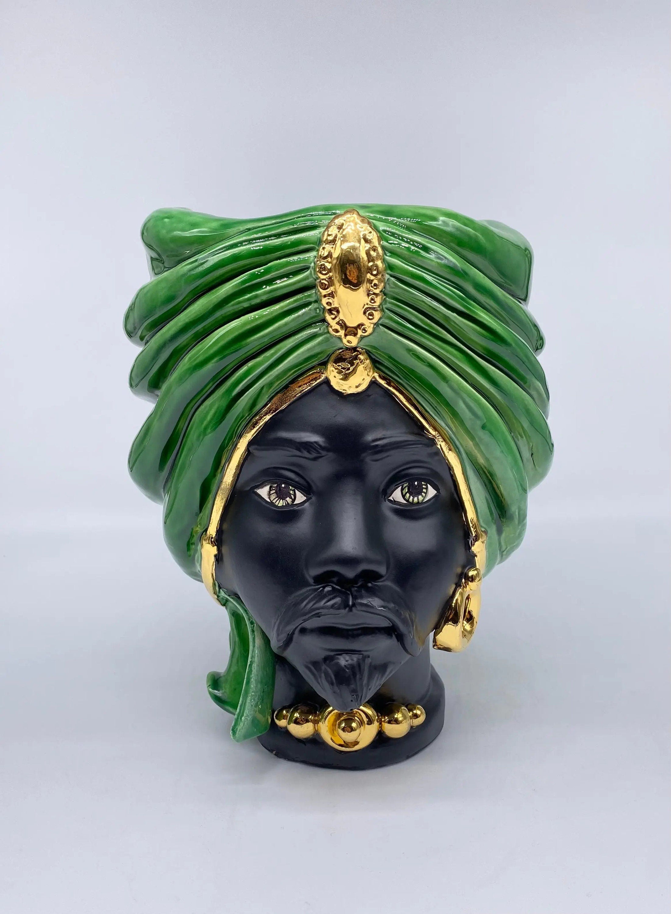 Teste di Moro Atena Ceramica Caltagirone cm H.24 L.18 Artigianale Verde Cristallo Opaco Oro DD CERAMICHE SICILIANE