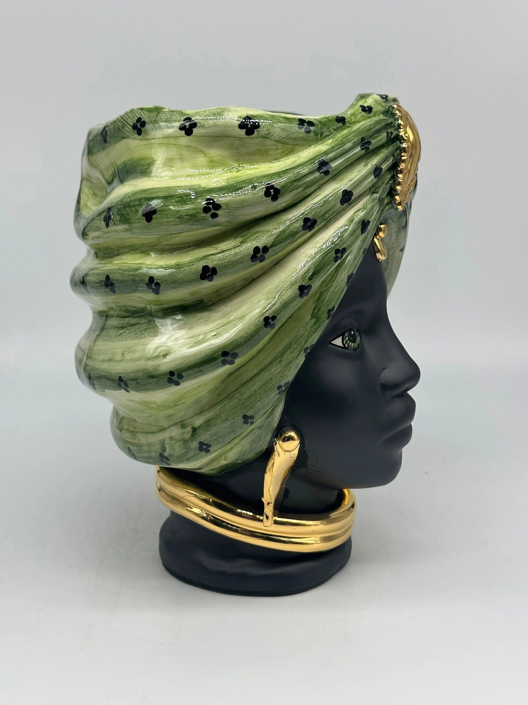 Teste di Moro Atena Ceramica Caltagirone cm H.24 L.18 Artigianale Verde Pois Nero Oro DD CERAMICHE SICILIANE