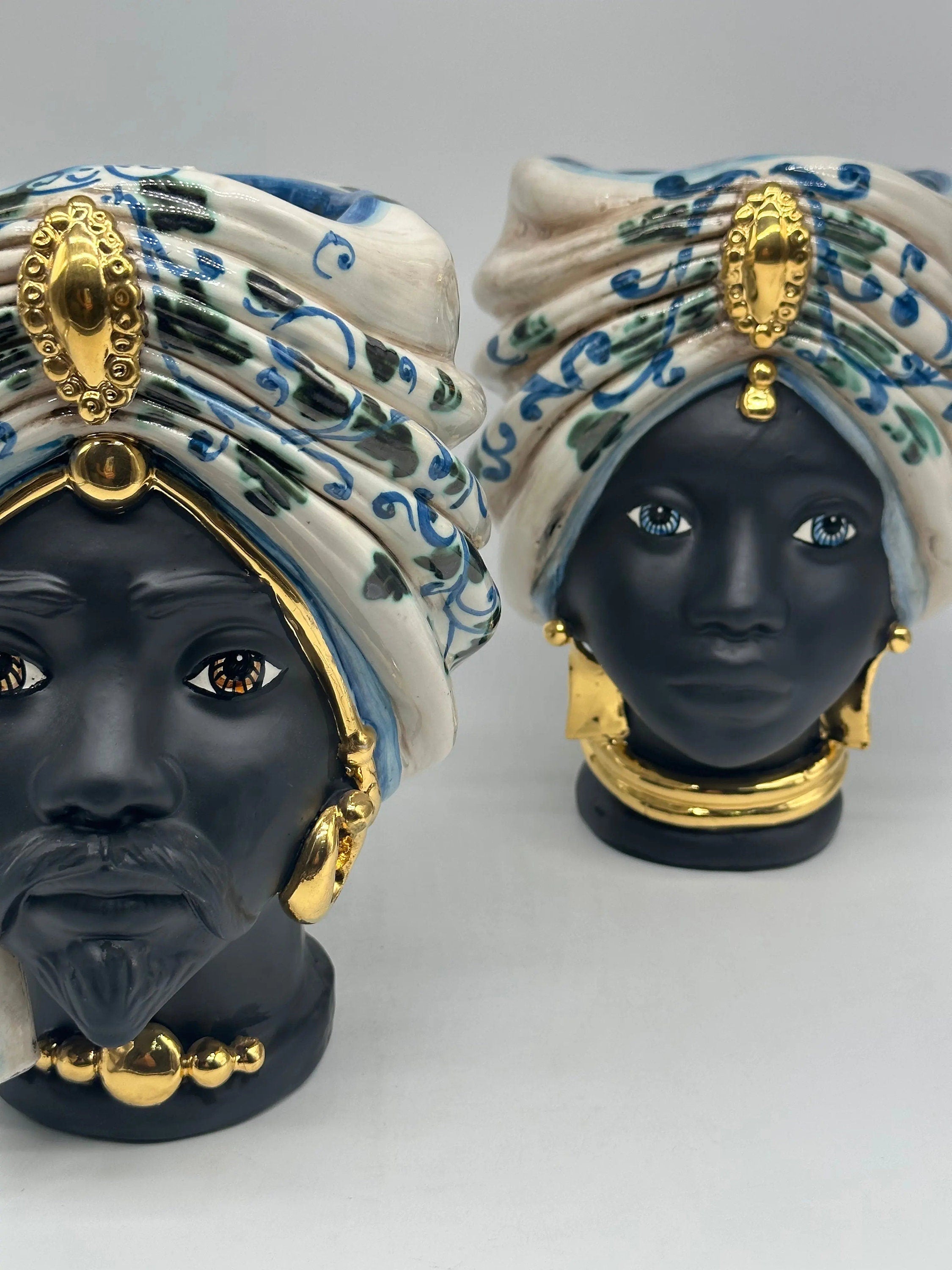 Teste di Moro Atena Ceramica Caltagirone cm H.24 L.18 Artigianale Bianco Barocco Blu Verde Oro DD CERAMICHE SICILIANE