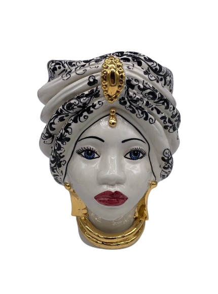 Teste di Moro Atena Ceramica Caltagirone cm H.24 L.18 Artigianale Opaco Bianco Barocco Oro - DD CERAMICHE SICILIANE