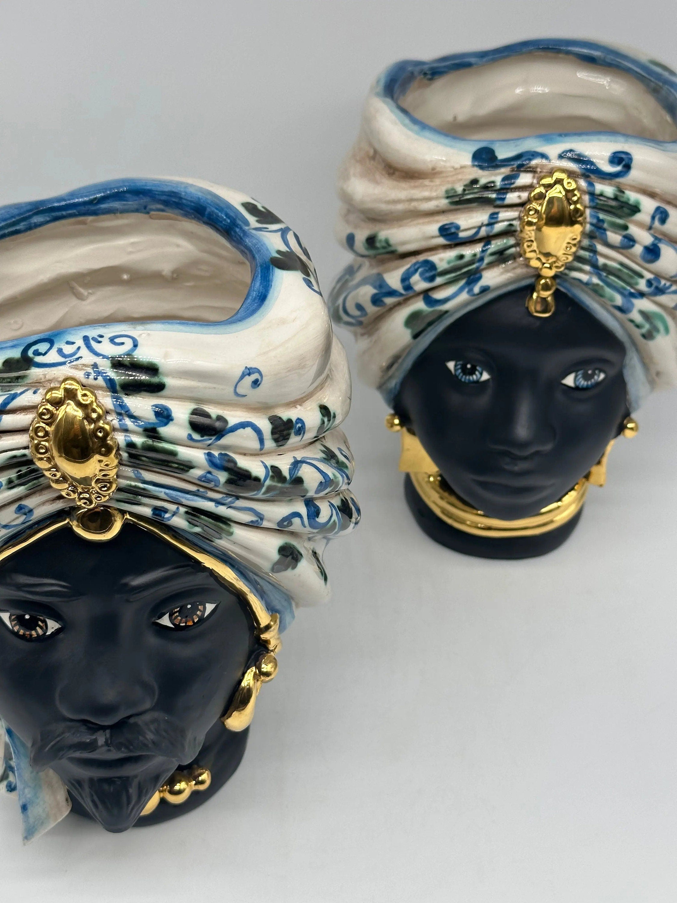 Teste di Moro Atena Ceramica Caltagirone cm H.24 L.18 Artigianale Bianco Barocco Blu Verde Oro DD CERAMICHE SICILIANE