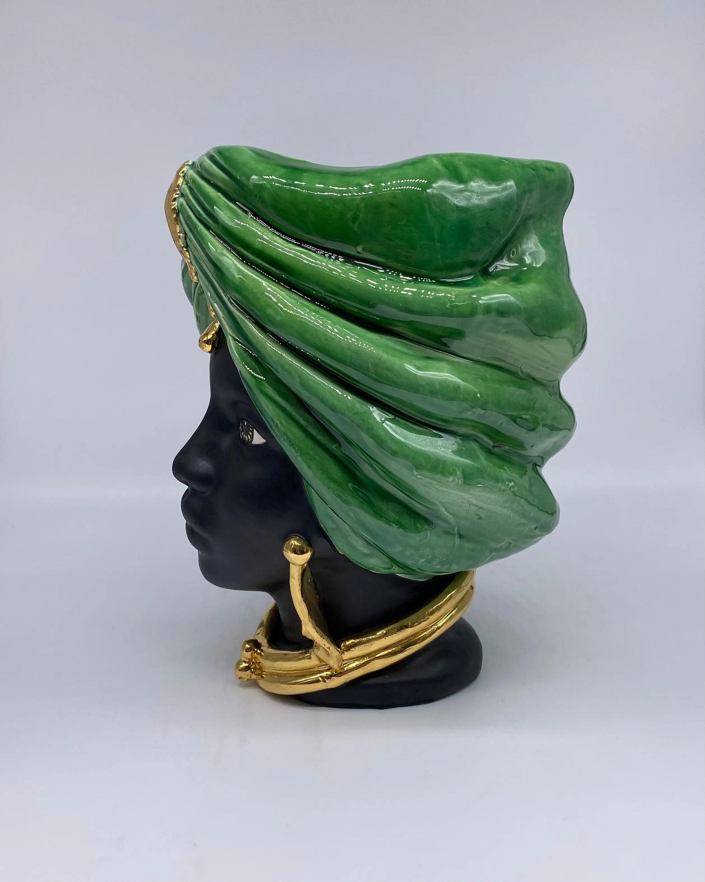 Teste di Moro Atena Ceramica Caltagirone cm H.24 L.18 Artigianale Verde Cristallo Opaco Oro DD CERAMICHE SICILIANE