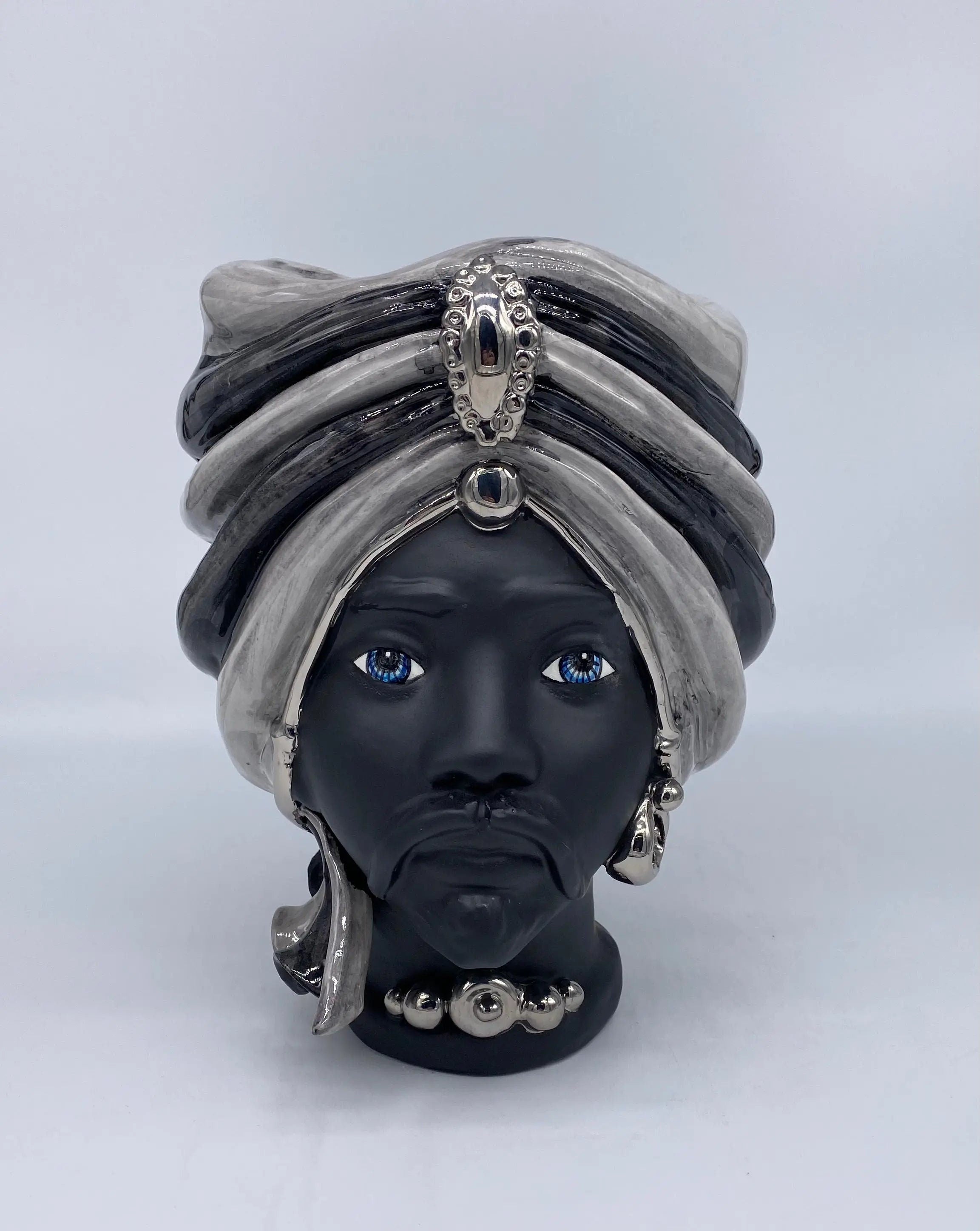 Teste di Moro Atena Ceramica Caltagirone cm H.24 L.18 Artigianale Grigio Nero Platino DD CERAMICHE SICILIANE