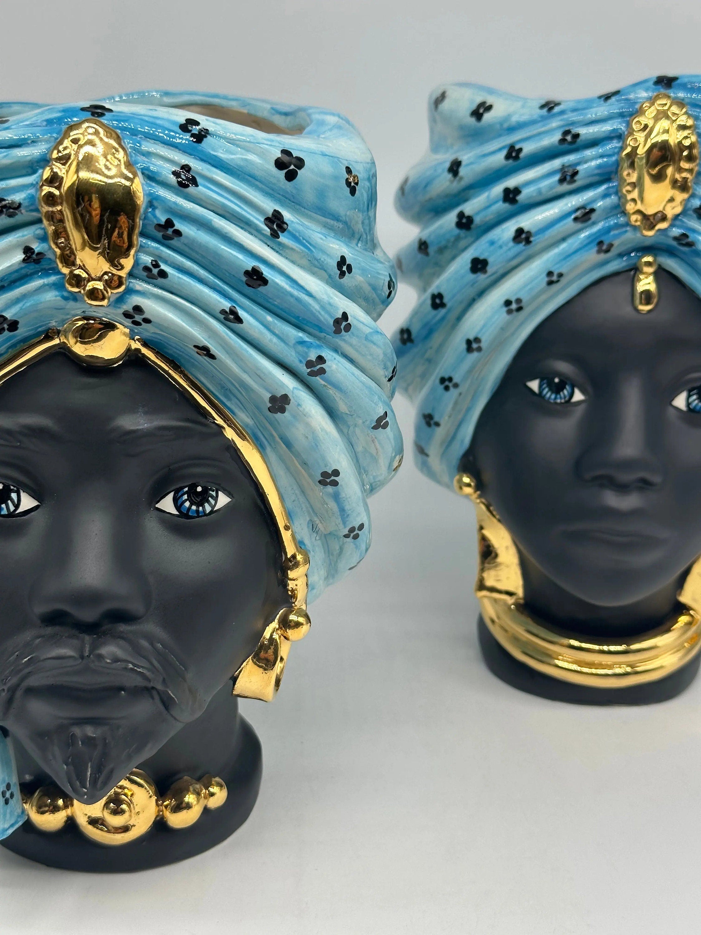 Teste di Moro Atena Ceramica Caltagirone cm H.24 L.18 Artigianale Celeste Pois Nero Oro DD CERAMICHE SICILIANE