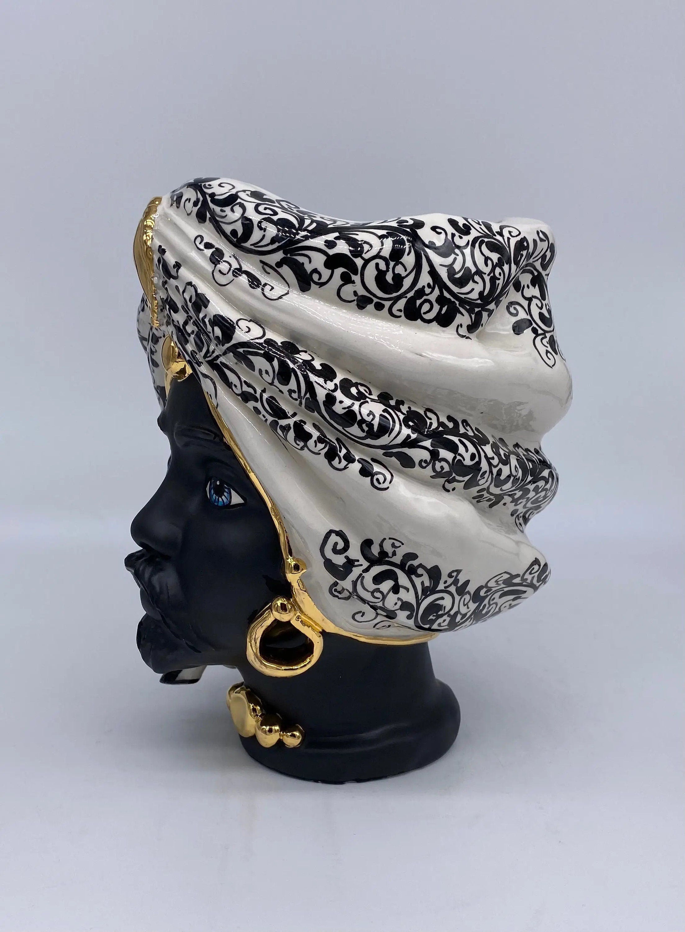 Teste di Moro Atena Ceramica Caltagirone cm H.24 L.18 Artigianale Opaco Bianco Barocco Oro DD CERAMICHE SICILIANE