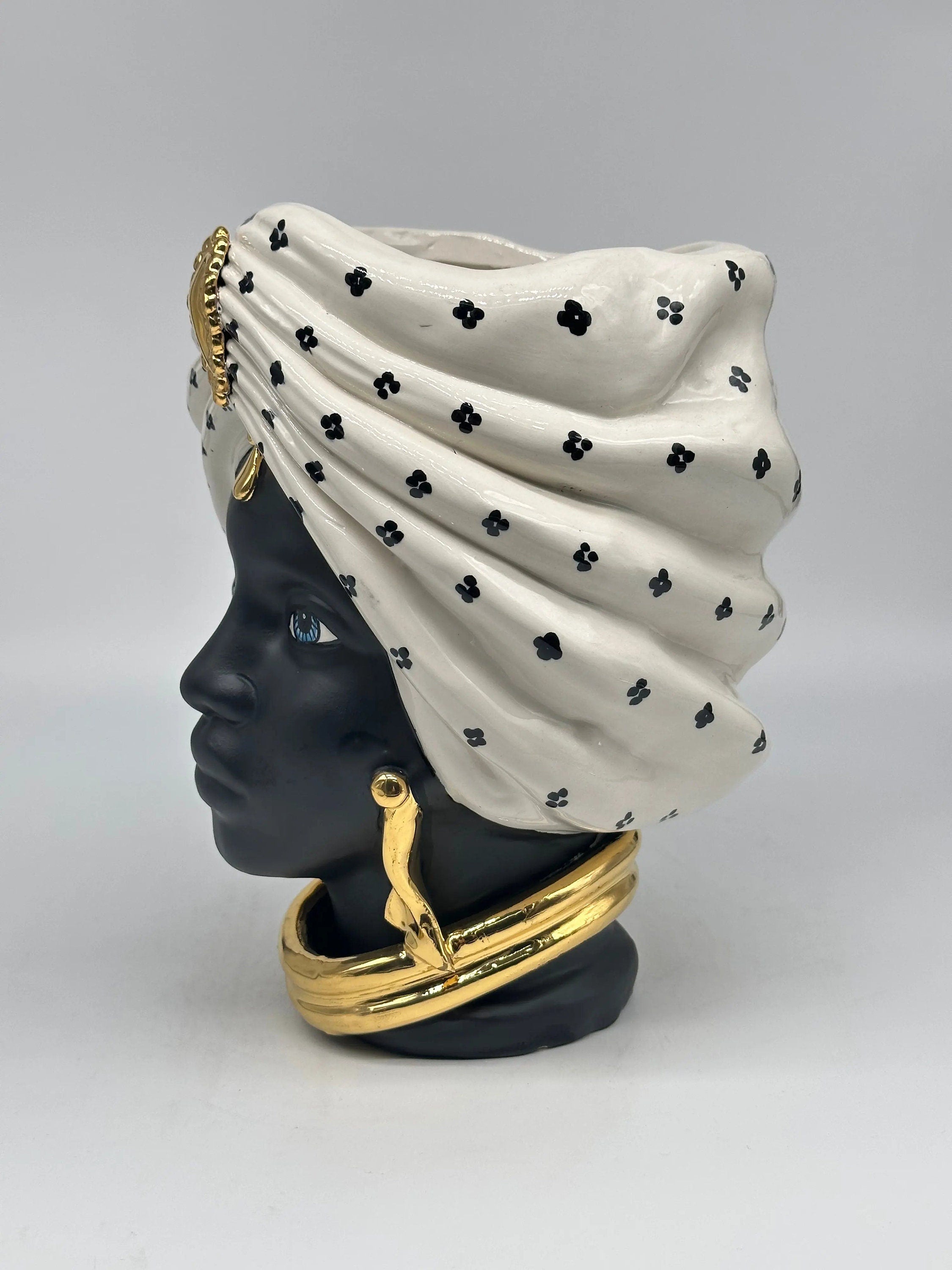 Teste di Moro Atena Ceramica Caltagirone cm H.24 L.18 Artigianale Bianco Pois Nero Oro DD CERAMICHE SICILIANE